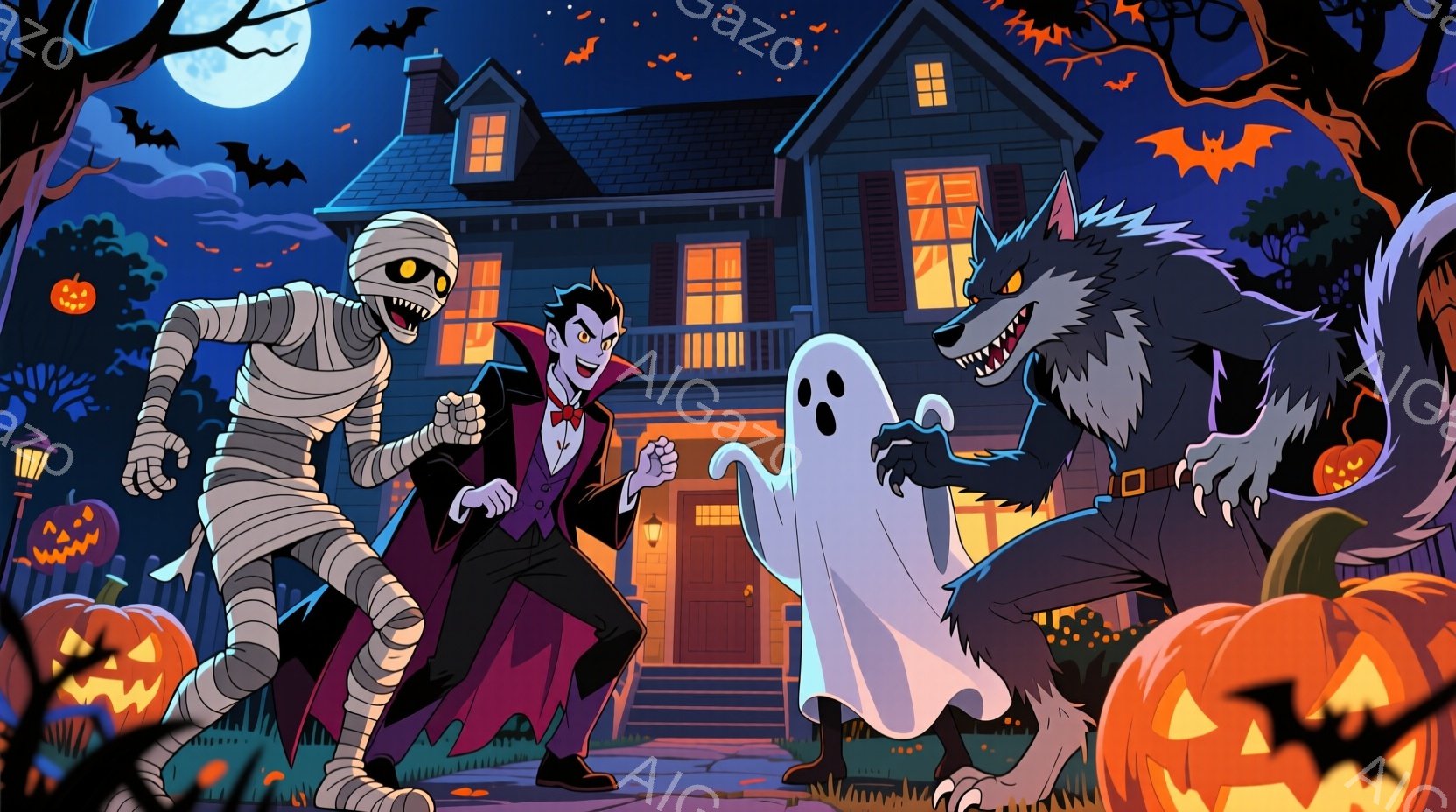 ハロウィーンの夜、ミイラ、吸血鬼、幽霊、狼男が建物の前に集まっています。 吸血鬼は赤いジャケットを着て、ミイラは包帯で全身を覆い、幽霊は白い布で覆われ、狼男は毛皮に覆われ、皆それぞれおどけた表情をして - AI生成フリー素材