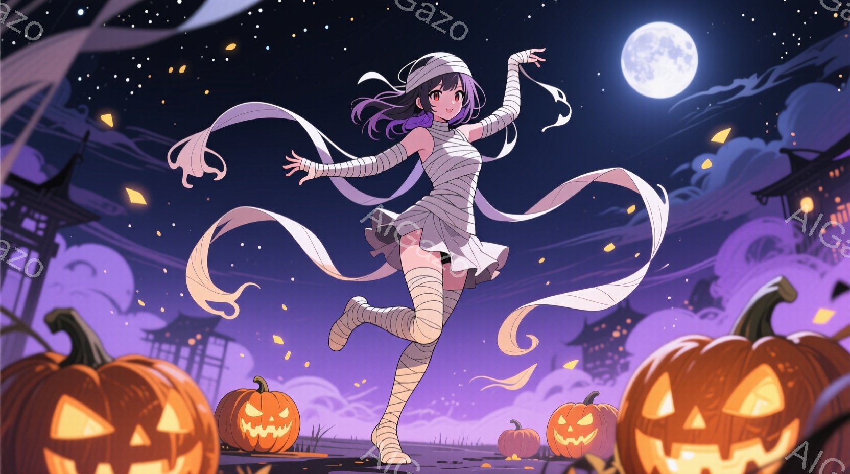 暗い背景に、ミイラのような衣装を着た少女が描かれています。彼女は紫色のドレスに包まれ、白い包帯で全身を覆い、黒髪を長く伸ばしています。背景には、ハロウィーンの装飾であるカボチャや、薄暗いシルエットの建 - AI生成フリー素材