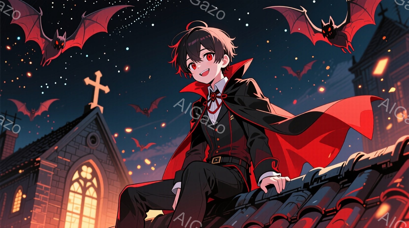 深紅の背景に、黒髪の少年が屋根の上に座り、赤いマントを羽織っています。少年はフォーマルな服装で、どこか余裕のある表情を浮かべています。背景にはゴシック様式の建物が立ち並び、夜空にはコウモリが舞い、ハロ - AI生成フリー素材