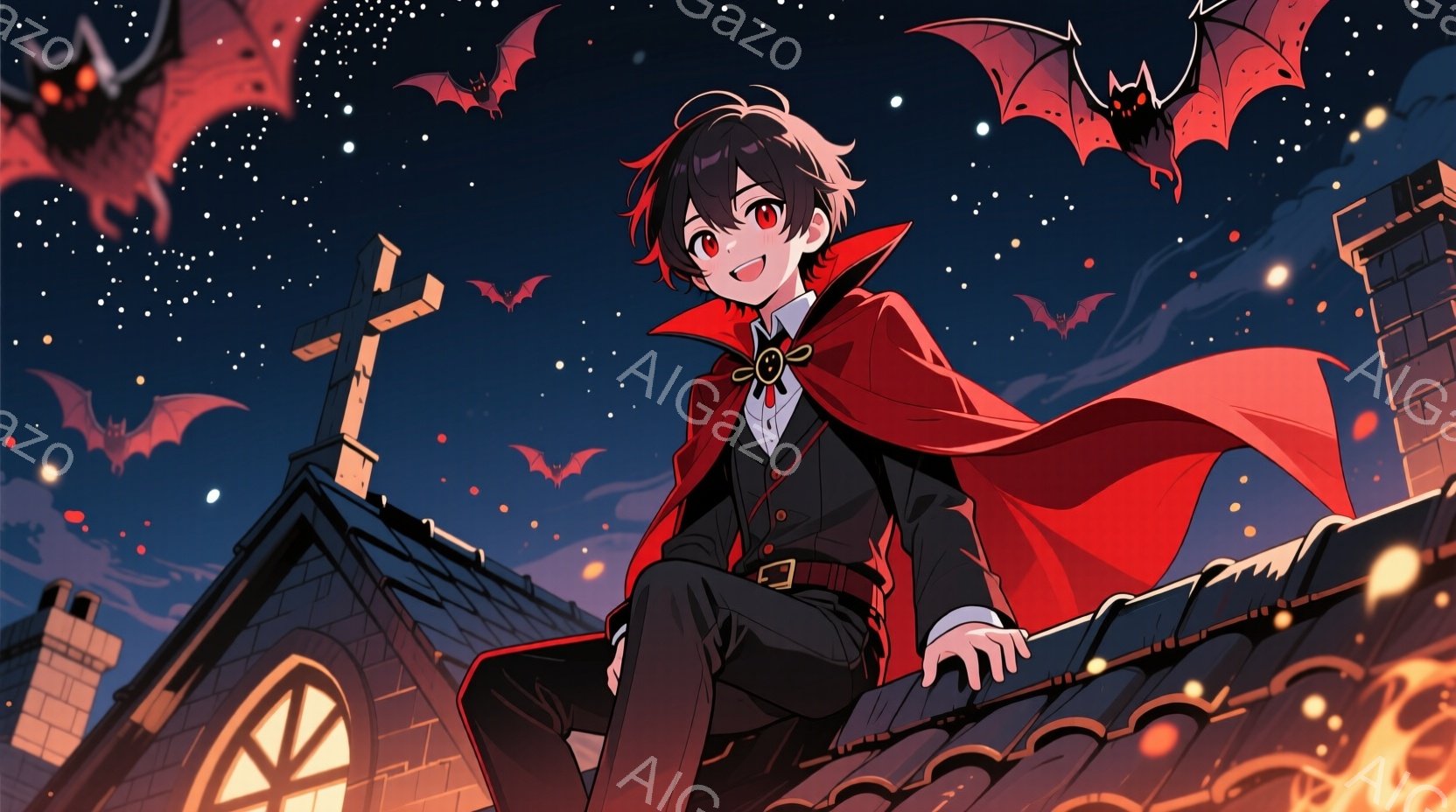赤いマントを羽織った少年が、瓦屋根の上に座ってこちらを見ています。彼は黒いスーツに白いシャツ、赤いネクタイという服装で、髪は黒く、目は赤く光っています。背景にはゴシック様式の教会と、夜空に舞うたくさん - AI生成フリー素材