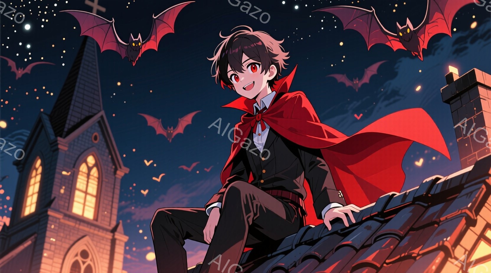 深い赤色のマントを羽織った少年が、瓦屋根の上で足を組み、座っています。黒い制服に赤いネクタイが映え、少しいたずらっぽい笑顔を浮かべています。背景には、ライトアップされた教会と、多数のコウモリが夜空を舞う様子が描かれており、ハロウィーンのような雰囲気を醸し出しています。