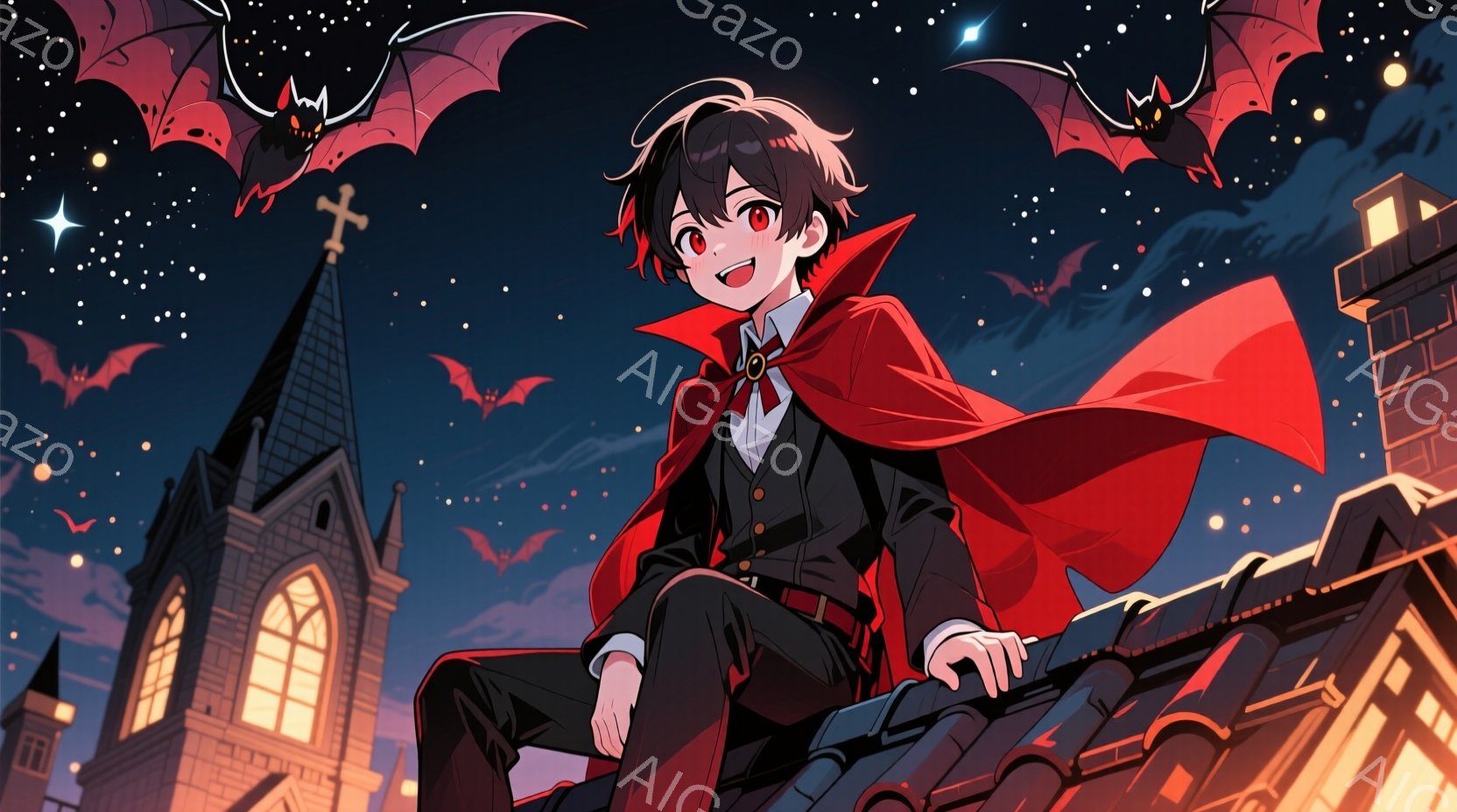 深紅のケープを羽織った少年が、ゴシック様式の教会の屋根に腰掛けている。彼は黒いスーツ姿で、赤い瞳と自信に満ちた笑顔が印象的だ。夜空には無数の星とコウモリが舞い、ハロウィーンのような幻想的な雰囲気を醸し出している。