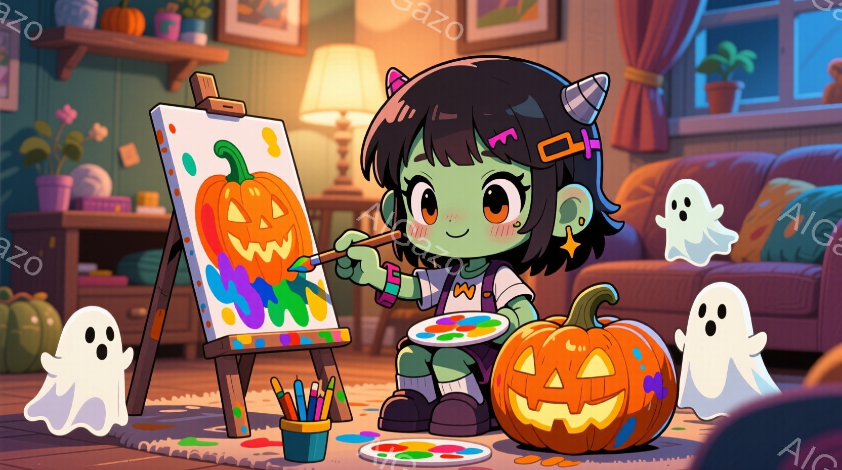 緑色の肌をした少女がイーゼルに向かってカボチャを描いています。彼女はピンクのリボンで結んだ黒髪で、大きな目と微笑みを浮かべています。背景には、ハロウィンの装飾が施された暖かいリビングルームがあり、可愛 - AI生成フリー素材