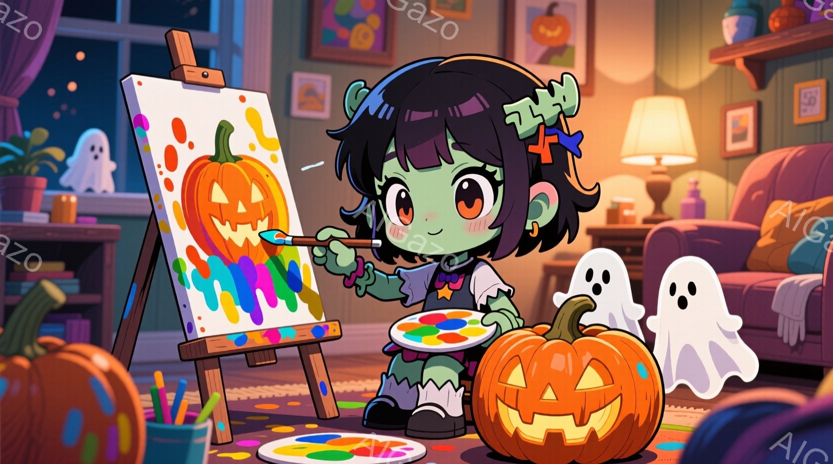 明るいリビングで、緑色の肌をした小さな女の子がキャンバスにカボチャを描いています。彼女は黒いリボンと赤い十字架の飾りがついた髪、水玉模様のドレス、黒い靴を履いており、集中した表情で絵を描いています。背 - AI生成フリー素材