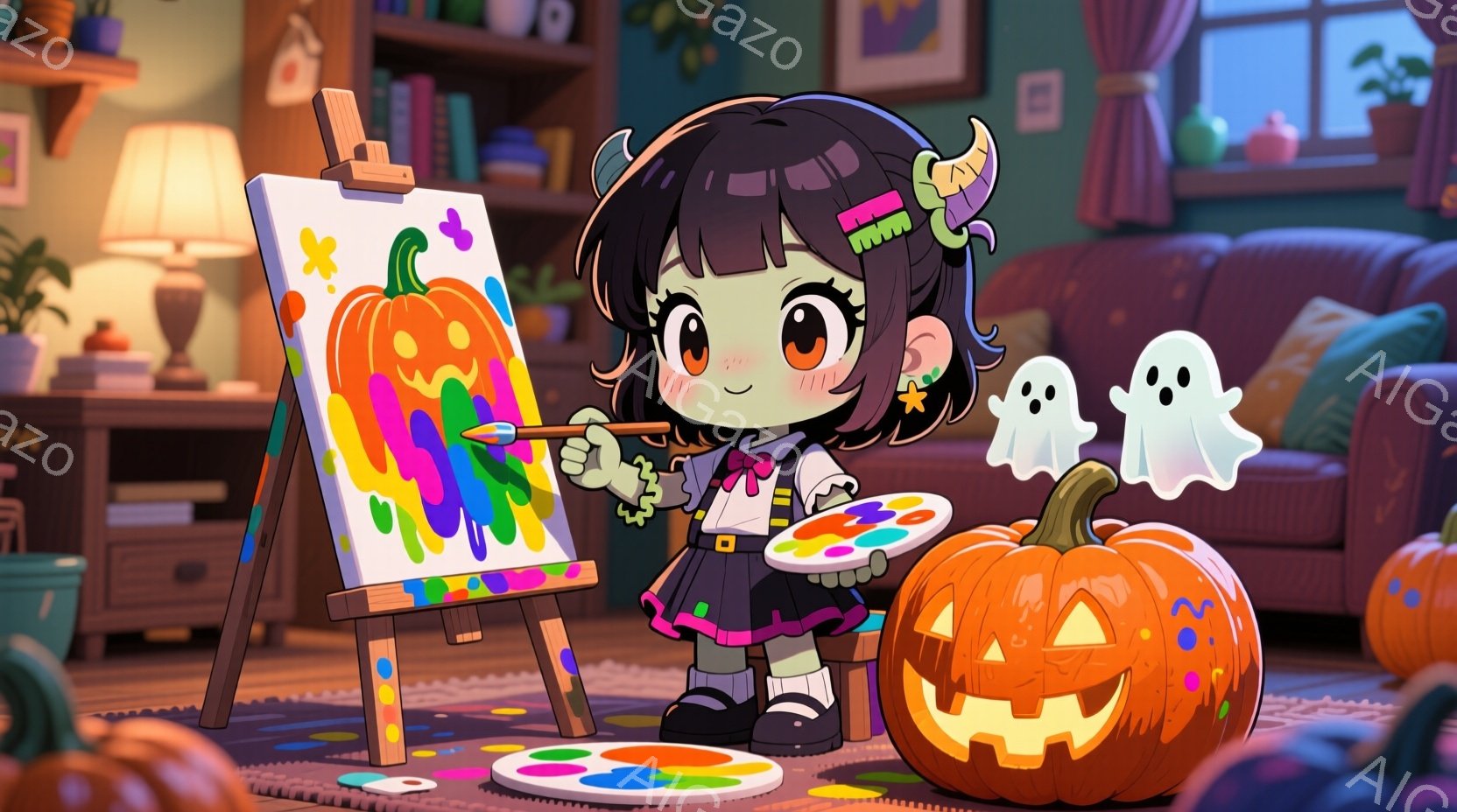 小さな女の子がイーゼルに向かってカボチャの絵を描いています。彼女は緑色の肌に黒髪で、ハロウィーンをテーマにした服装をしています—白いブラウスに黒いネクタイ、赤いリボンとアクセサリー、そして黒い靴を履いています。背景には、本棚やソファのある居間があり、カボチャや幽霊がハロウィーンの雰囲気を盛り上げています。