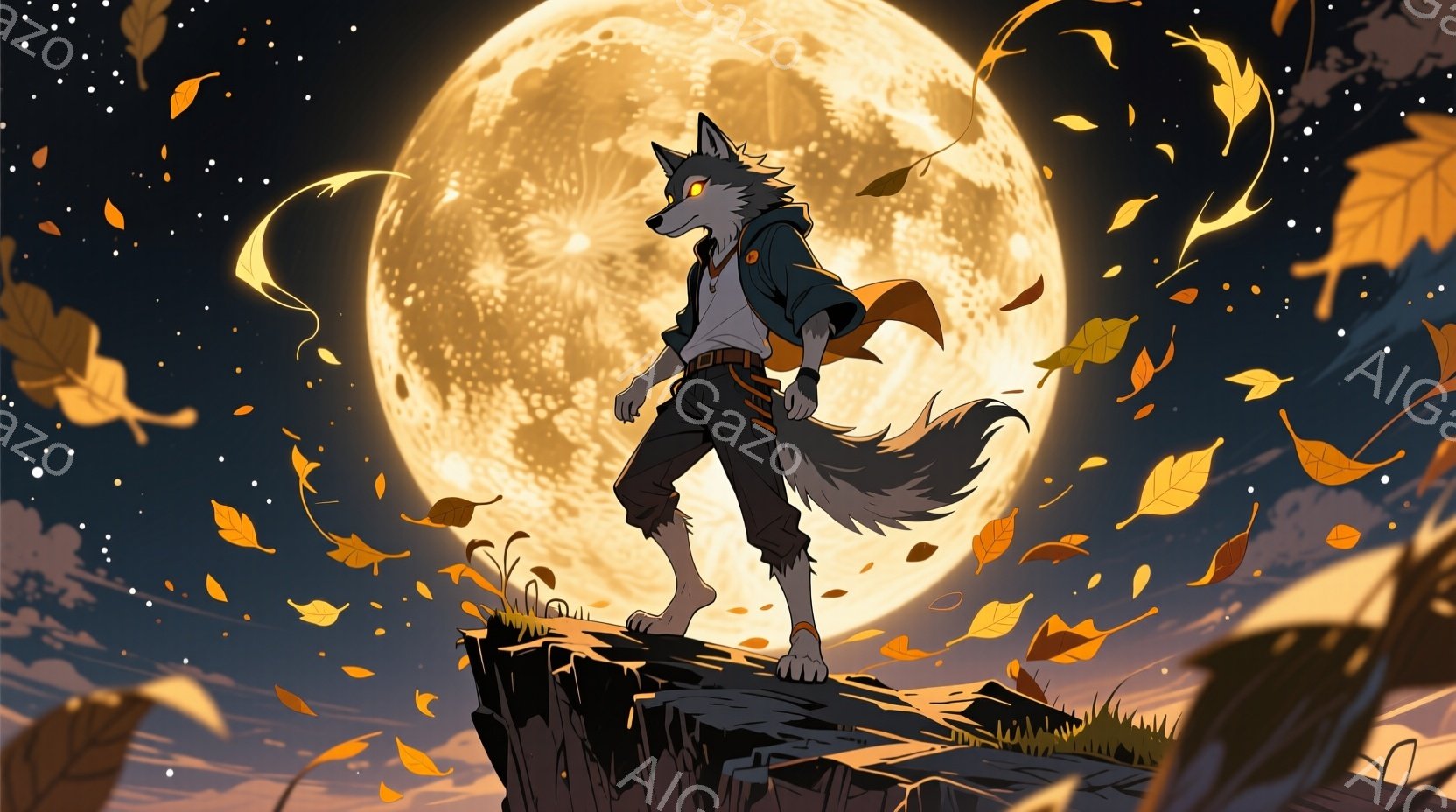 岩場の崖の上に、毛並みの美しい狼のようなキャラクターが立っている。彼はデニムのズボンと、肩にかけた茶色のジャケット、そして白いシャツを着ており、自信に満ちた表情で遠くを見つめている。背景には大きく輝く満月と、舞い散る秋の葉があり、夜空には星が散りばめられており、神秘的で力強い雰囲気を醸し出している。