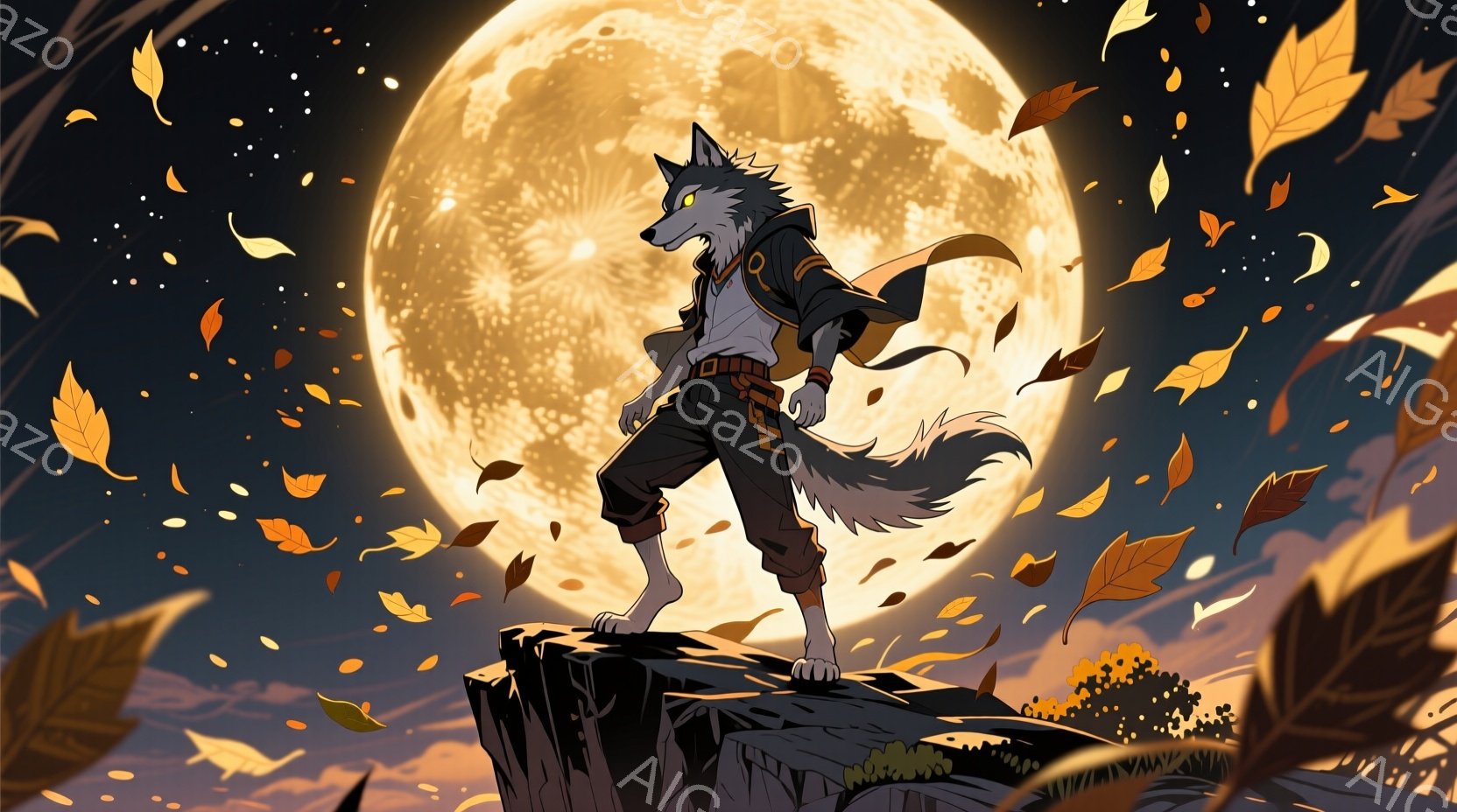 狼男のようなキャラクターが、岩の多い崖の上に立っている。彼は黒いズボンに白いトップス、そしてオレンジ色のアクセントのあるベストとマフラーを身に着けており、表情はやや険しい。背景には巨大な満月が輝き、周 - AI生成フリー素材