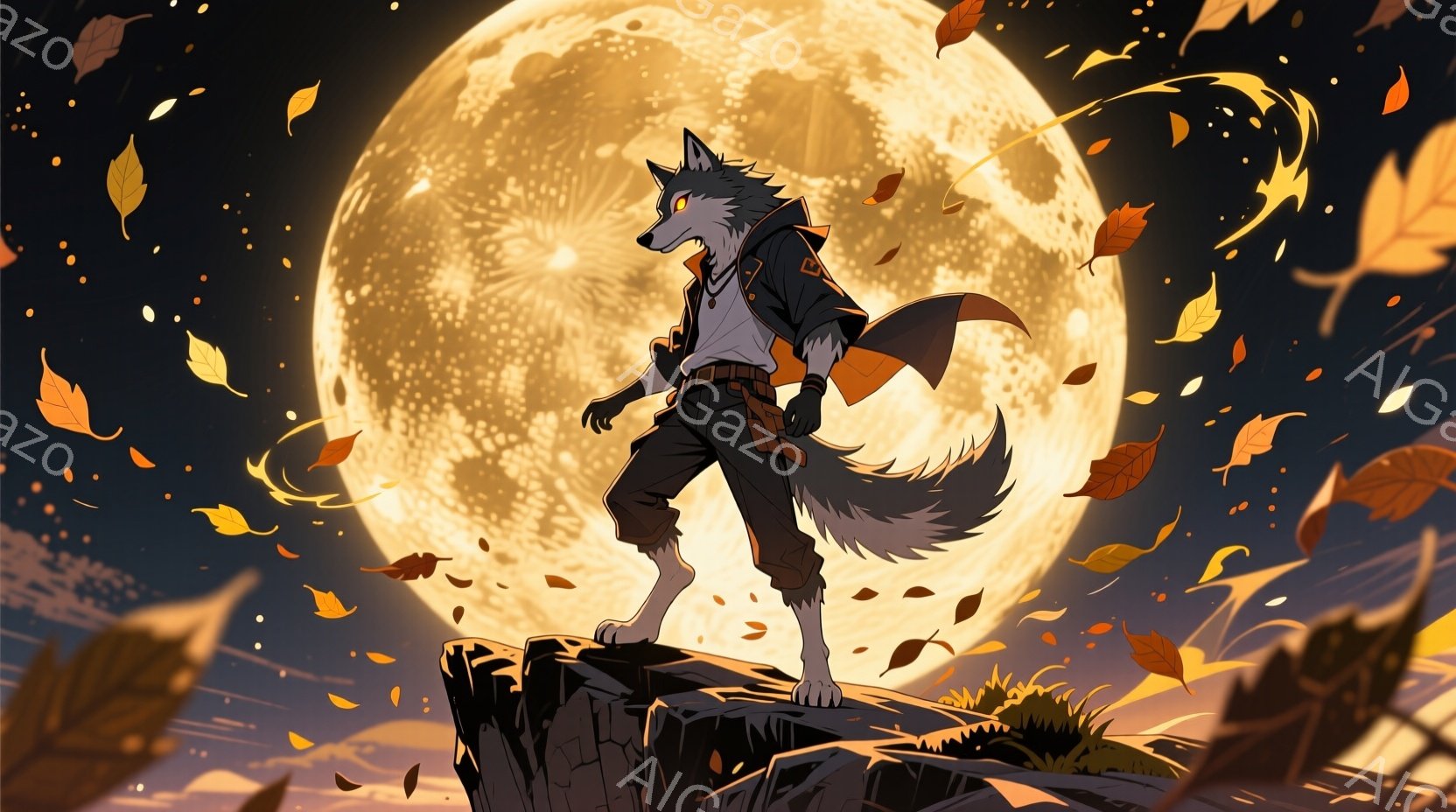 白い毛並みを持つ狼のキャラクターが、岩の上の高い場所に立っている。彼は黒いジャケットとズボンを身につけ、ベルトに小物がぶら下がっており、片手を腰に当てて自信に満ちた姿勢を見せている。背景には巨大な満月 - AI生成フリー素材