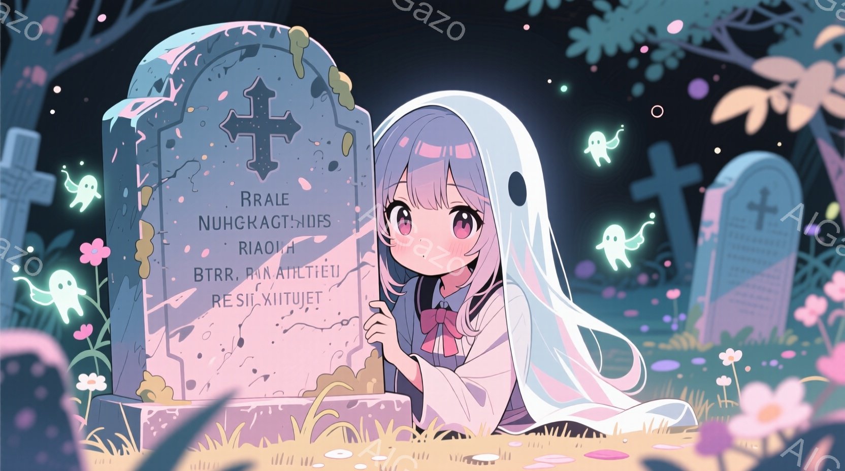 長い紫色の髪と赤いリボンで結ばれた少女が、墓石の前に立っている。彼女は白い幽霊のような衣装を着ており、少し恥ずかしそうな表情をしている。背景には他の墓石や、光る小さな幽霊、そしてピンク色の花が咲き乱れ - AI生成フリー素材