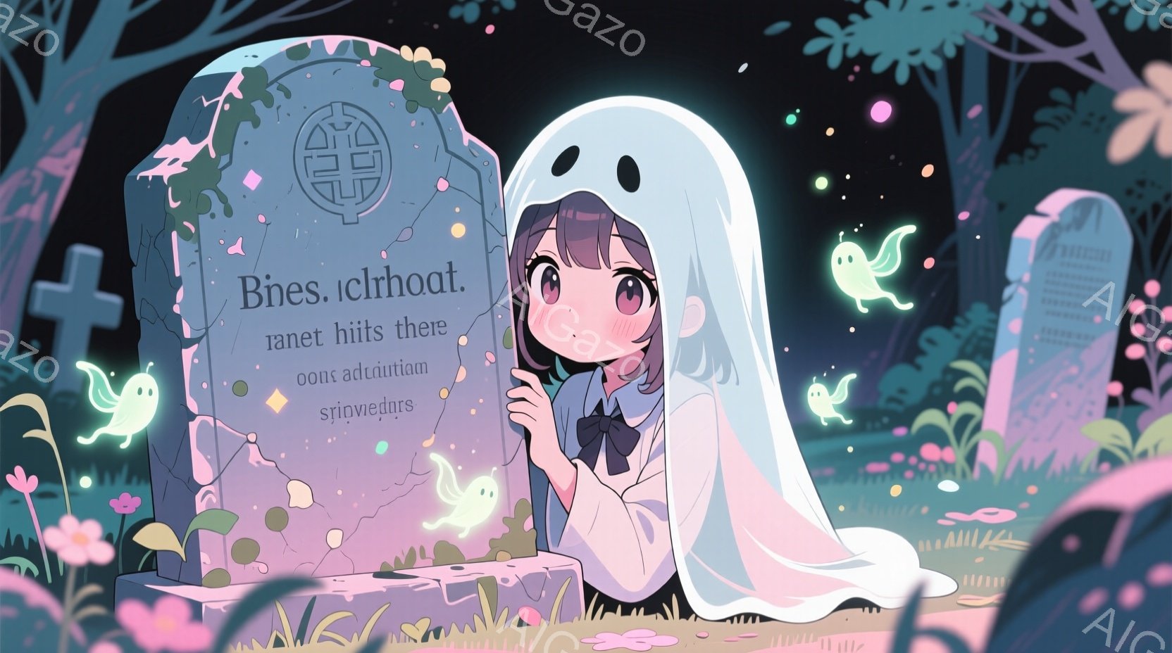 少女は白い幽霊のような布をまとい、緑色のセーラー服を着ています。彼女は少し恥ずかしそうな表情で、両手で頬を支えています。背景には墓石や草が生い茂り、夜空には小さな光が舞い、幻想的な雰囲気を作り出してい - AI生成フリー素材
