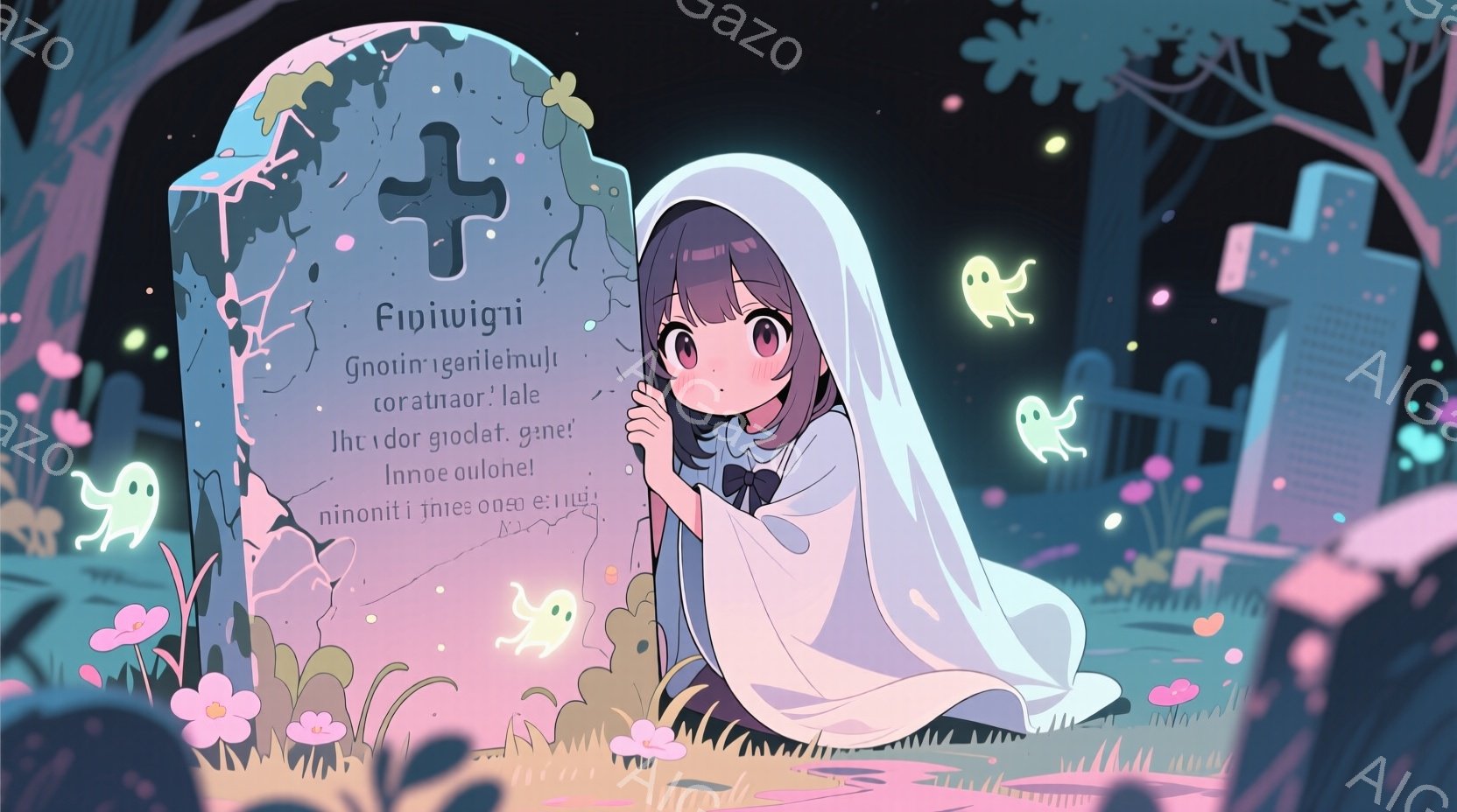 短い茶色の髪に赤いリボンをつけた少女が、白い幽霊のような衣装を身につけて描かれています。彼女は少し恥ずかしそうな表情で両手で幽霊の衣装の裾を握り、墓石の前に立っています。背景には、他の墓石や幽霊、そし - AI生成フリー素材