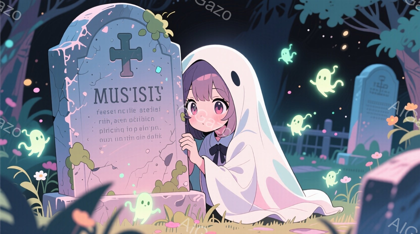 紫色の髪をツインテールにした少女が、白い幽霊の衣装を羽織って墓石の前に立っている。彼女は少し微笑んでおり、可愛らしい表情をしている。背景には様々な形の幽霊が浮かび、緑色の植物が生い茂る墓地が広がり、ハ - AI生成フリー素材