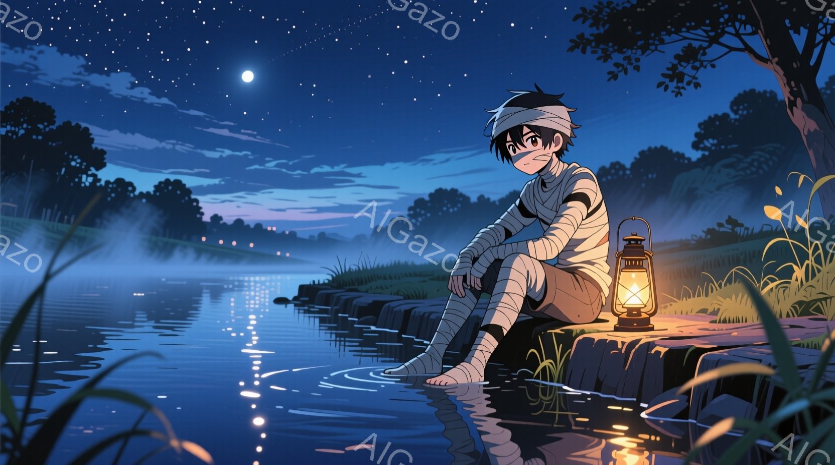 包帯で全身を覆われた少年が、水辺の岩の上に座っている。彼は片足を投げ出し、ややうつむき加減で、どこか寂しげな表情をしている。背景には、夜空と水面に反射する星、そして緑豊かな自然が広がり、静寂で少し物悲 - AI生成フリー素材