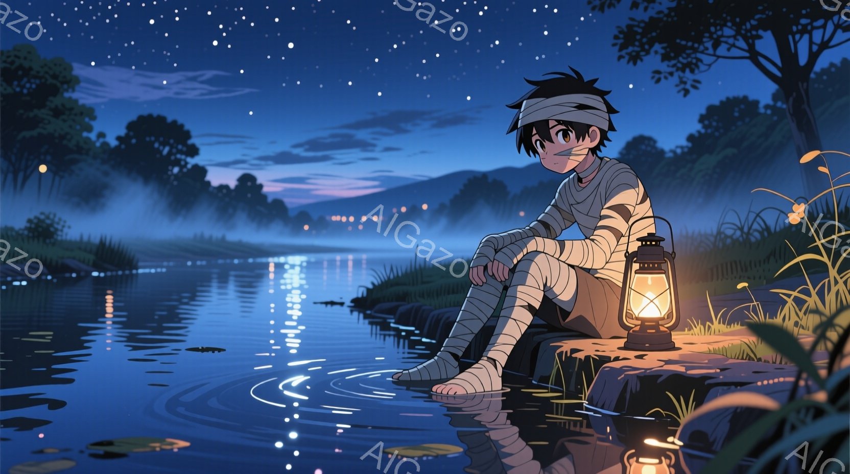 包帯で全身を覆った少年が、川岸に座って膝を抱えている。少年は黒髪で、額に包帯を巻いており、やや憂いを帯びた表情をしている。背景には、穏やかな川と、星空の下の緑豊かな自然が広がり、夜の静けさと少年の孤独 - AI生成フリー素材