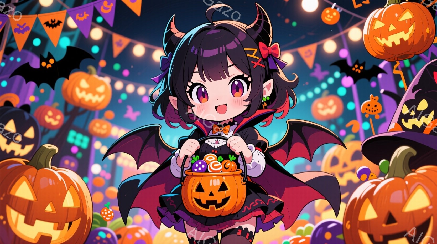 明るいオレンジ色の背景に、可愛らしい女の子がハロウィンの衣装を着て立っています。彼女は黒いドレスとコウモリの翼、そして頭にカチューシャをつけており、手にカボチャの形をしたお菓子の入ったバスケットを持っ - AI生成フリー素材