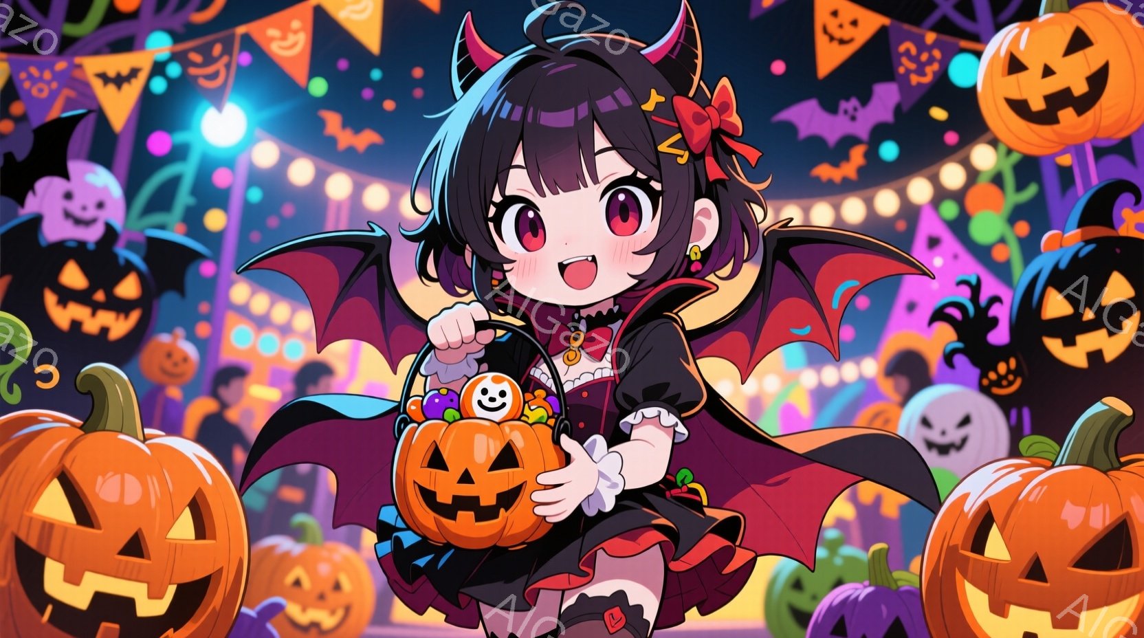 幼い女の子がハロウィーンの衣装を着て、たくさんのカボチャに囲まれています。彼女は黒いドレスに紫色のケープ、そして小さな角の頭飾りをつけており、満面の笑みを浮かべてカボチャの形をしたお菓子が入ったカボチ - AI生成フリー素材