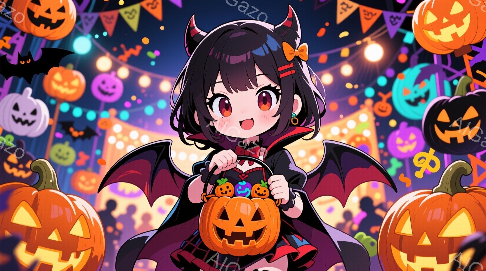 黒髪の少女が、ハロウィーンの衣装を着て笑顔で立っています。彼女は黒いドレスと大きなコウモリの羽を身につけ、頭にはリボンと小さな角があります。背景には、さまざまな表情をしたたくさんのジャック・オ・ランタ - AI生成フリー素材