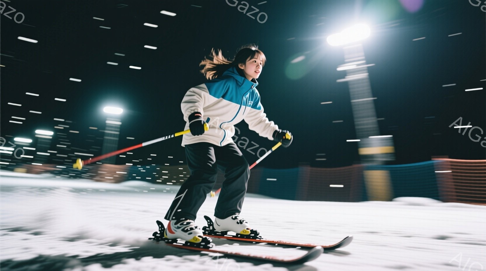 少女はスキー場で滑走しており、白いジャケットに黒いパンツ、そして白いスキーブーツを履いています。髪はポニーテールにまとめられ、顔には集中した表情が見られます。背景にはぼやけた建物と街灯があり、雪が舞う夜のスキー場であることを示しています。