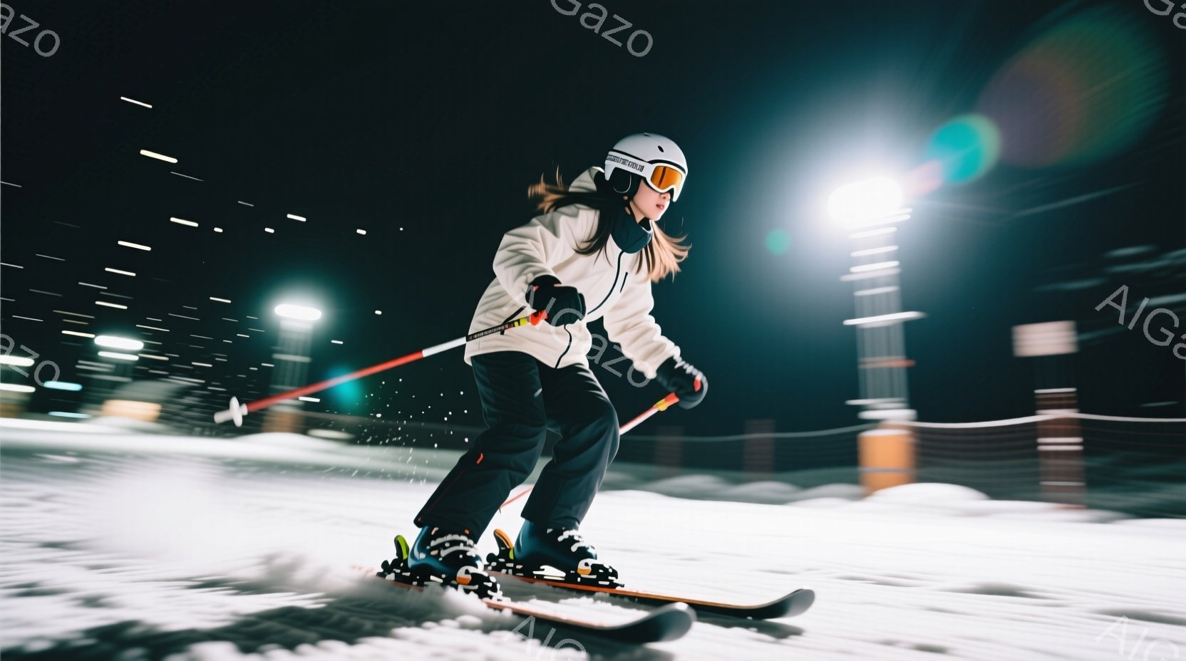 スキーヤーは、黒いスキージャケットとレギンス、そして白いヘルメットとゴーグルを着用し、雪上を疾走している。彼女は前かがみの姿勢で、スキーポールを構え、ダイナミックな動きを見せている。背景にはぼやけた建 - AI生成フリー素材