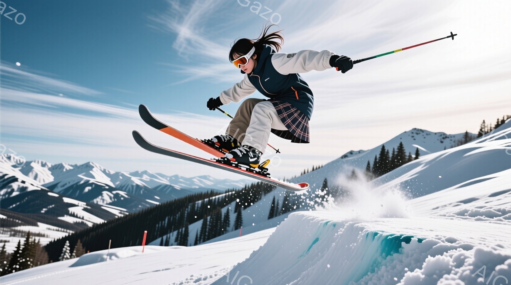 白いスキーウェアに黒いストライプが入った女性が、雪上を高くジャンプしている様子が写っている。髪はポニーテールに結ばれ、ゴーグルで顔を覆っているが、躍動感あふれる姿勢で空中でバランスを取っている。背景には雪をまとった山々が連なり、晴天の下、ダイナミックなウィンタースポーツの雰囲気を醸し出している。