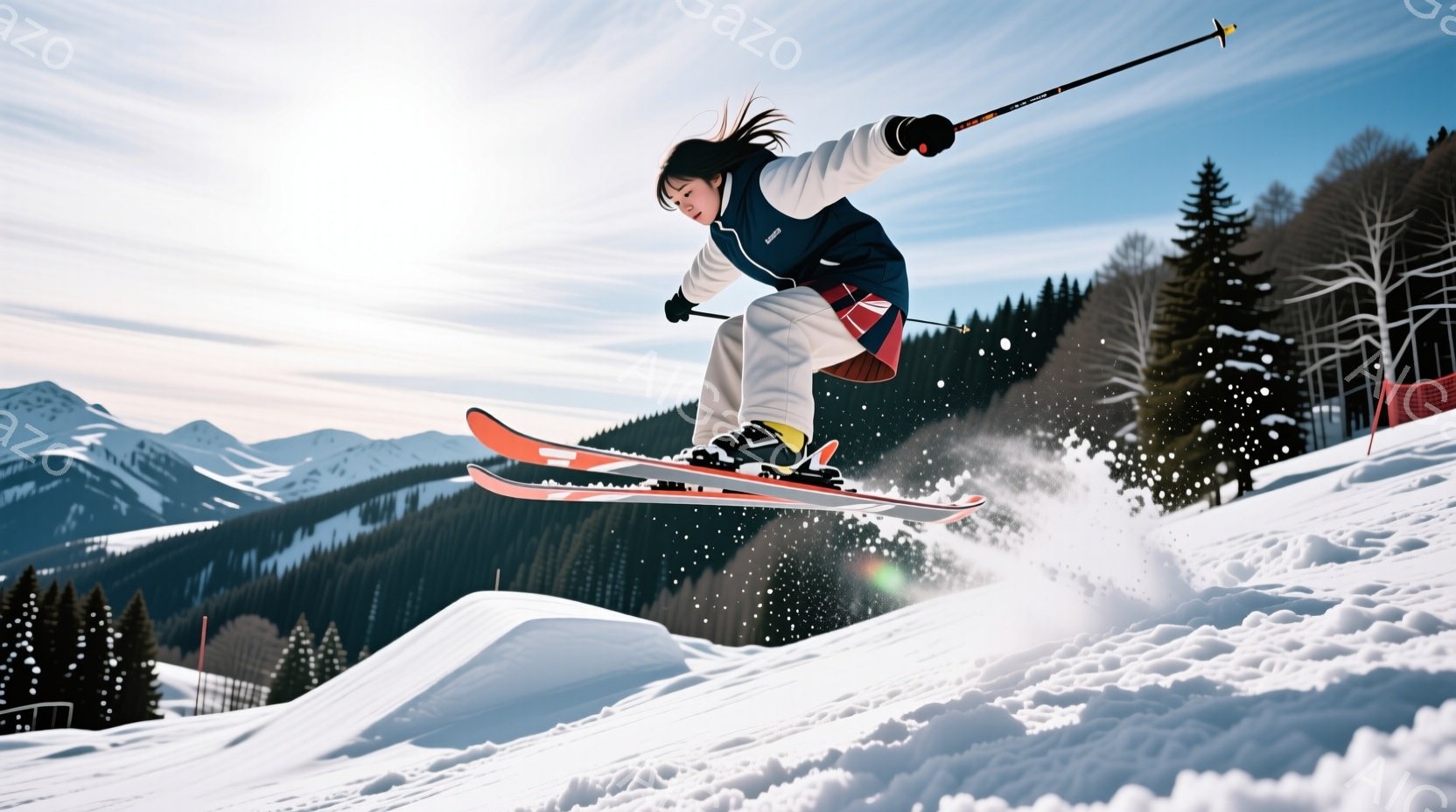スキーヤーが雪山でジャンプしている瞬間を捉えた写真です。彼女は白と紺のスキーウェアに黒い髪を後ろで結び、空中で両腕を広げ、楽しそうな表情をしています。背景には緑豊かな森林と雪を抱いた山々が広がり、晴天 - AI生成フリー素材
