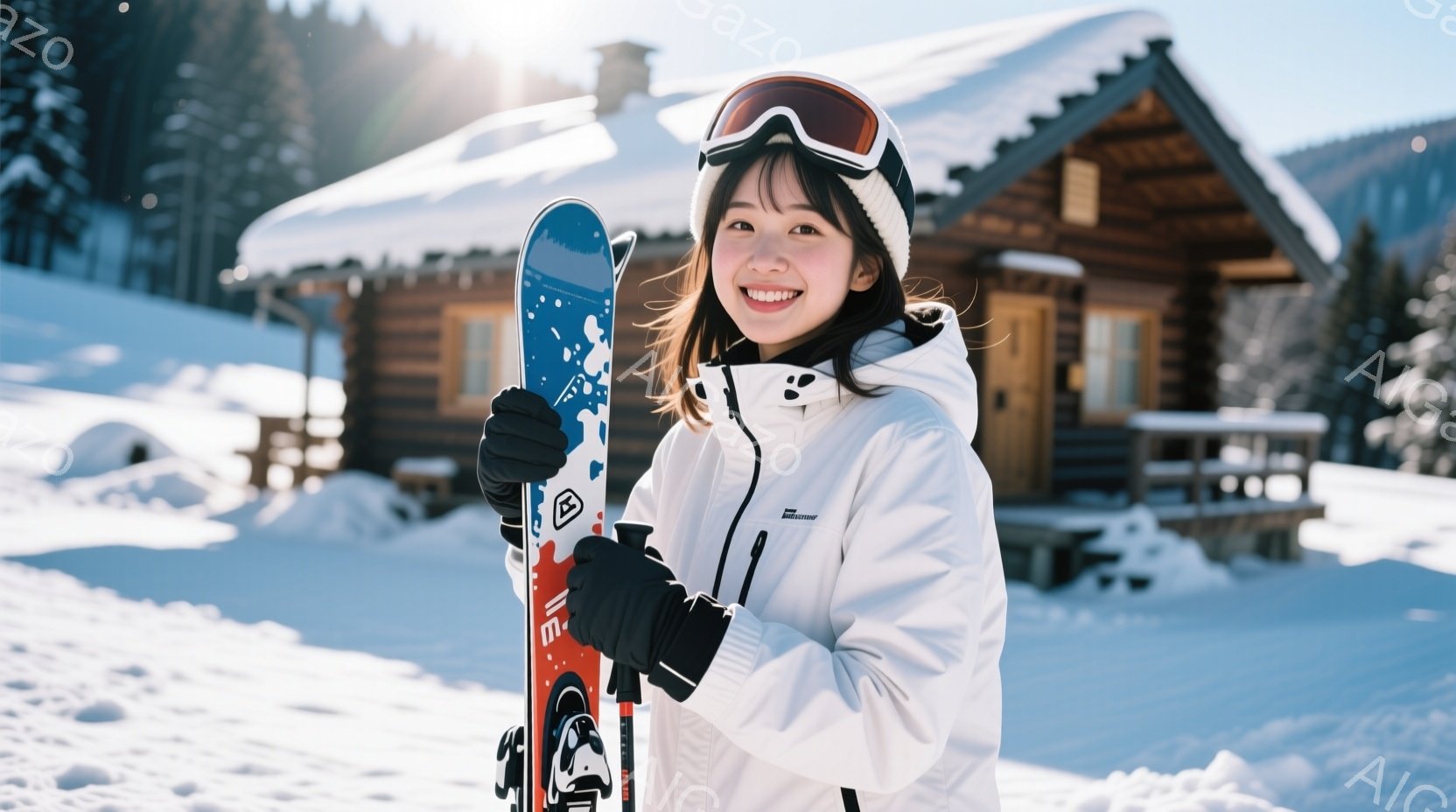 白いスキーウェアに黒い手袋をつけ、ゴーグルを頭に乗せた若い女性が、スキー板を抱えて笑顔で立っています。背景には雪に覆われた木造の建物と、雪山が広がっており、晴天の下、冬の爽やかな雰囲気が漂っています。 - AI生成フリー素材
