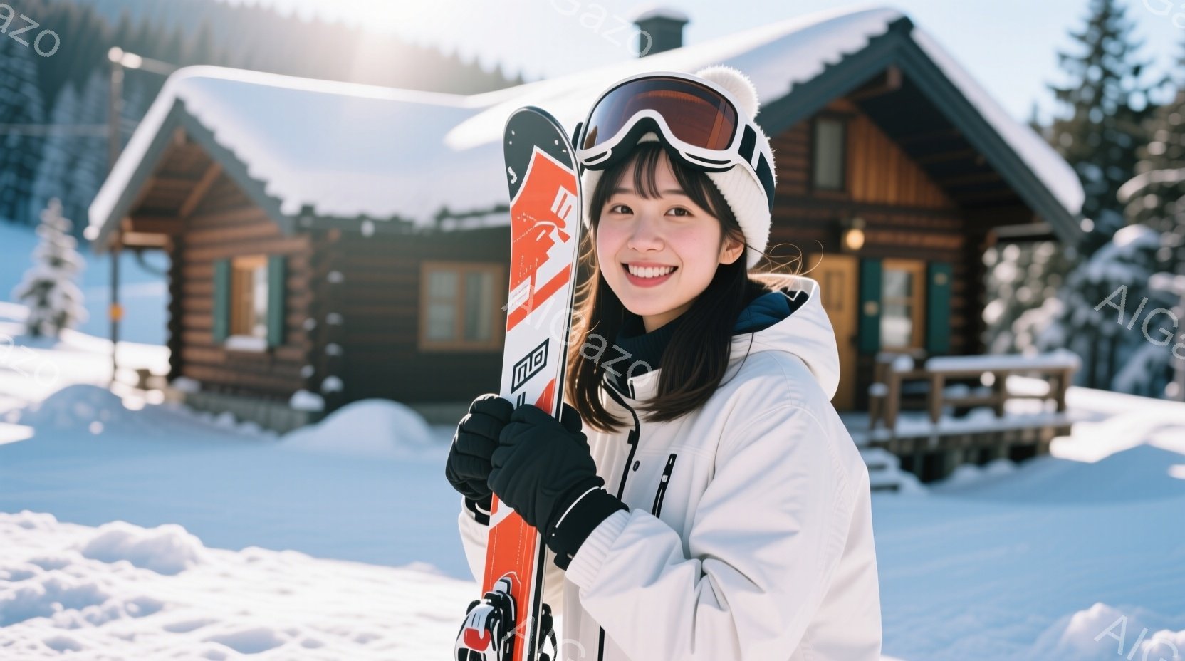 白いスキーウェアに黒いゴーグルと帽子を着用した女性が、片手にスキー板を持って笑顔でこちらを見ています。背景には雪に覆われた木造の建物があり、晴れた冬の日のスキーリゾートの様子が伺えます。全体的に明るく - AI生成フリー素材