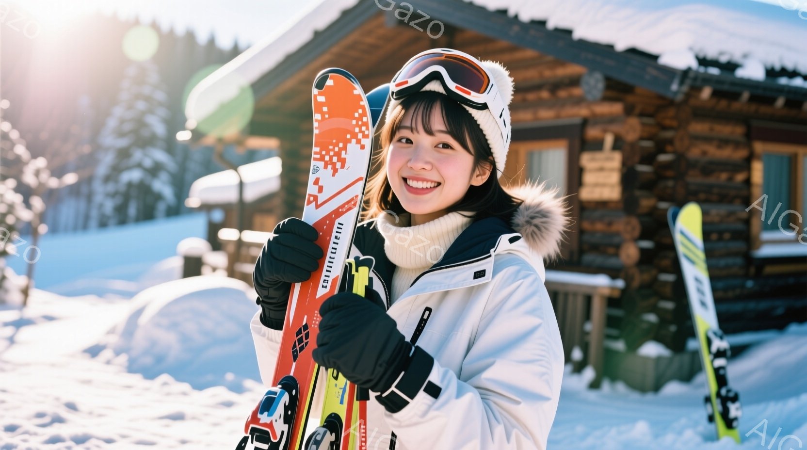 スキー板を抱えた女性が写っています。彼女は白いスキーウェアに黒い手袋とゴーグルを着用し、明るい笑顔を見せています。背景には雪景色が広がり、木造の建物がいくつか見え、晴れた冬の日の穏やかな雰囲気を醸し出 - AI生成フリー素材