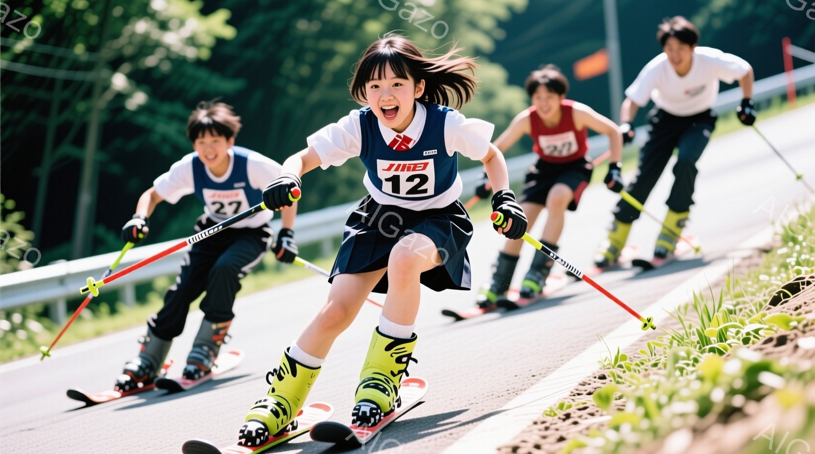 スキー場で滑走する若い女性スキアーが写っています。彼女は白地に青いラインが入ったスキーウェアに、黒のスカート、そして鮮やかな緑色のスキーブーツを履いています。笑顔で前を見据え、スピードに乗って滑ってい - AI生成フリー素材