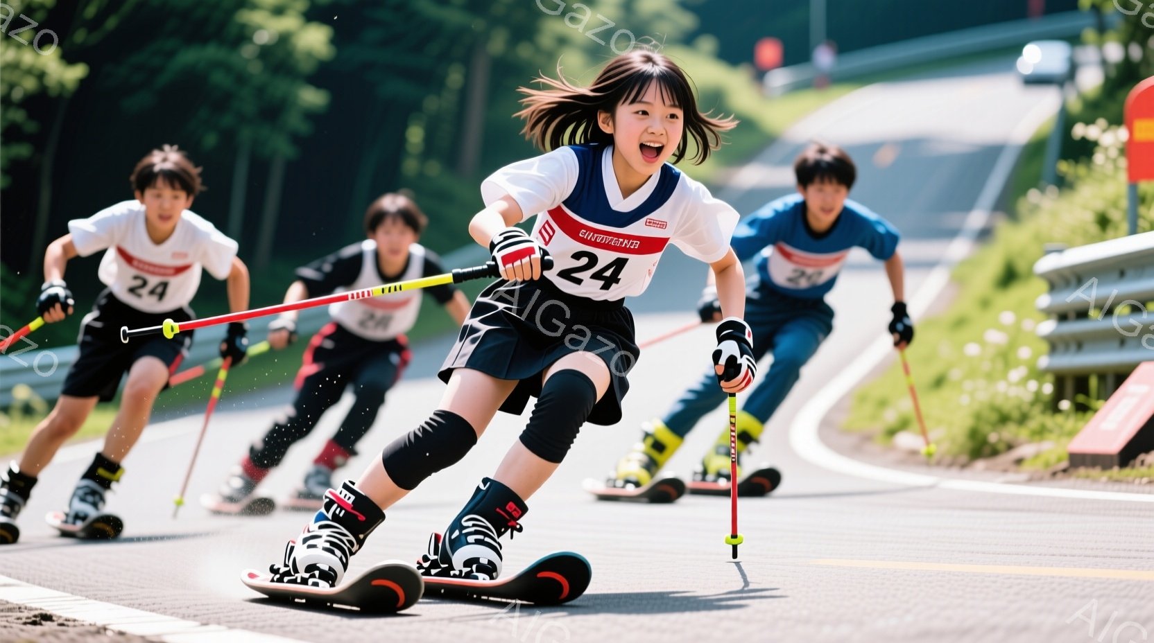 ３人の子供たちがローラーコースターのような道路をローラースキーで滑っている様子が写っている。先頭の女の子は黒い髪を後ろで束ね、青いユニフォームに「24」と書かれた白い数字、そして黒いショートパンツを着 - AI生成フリー素材