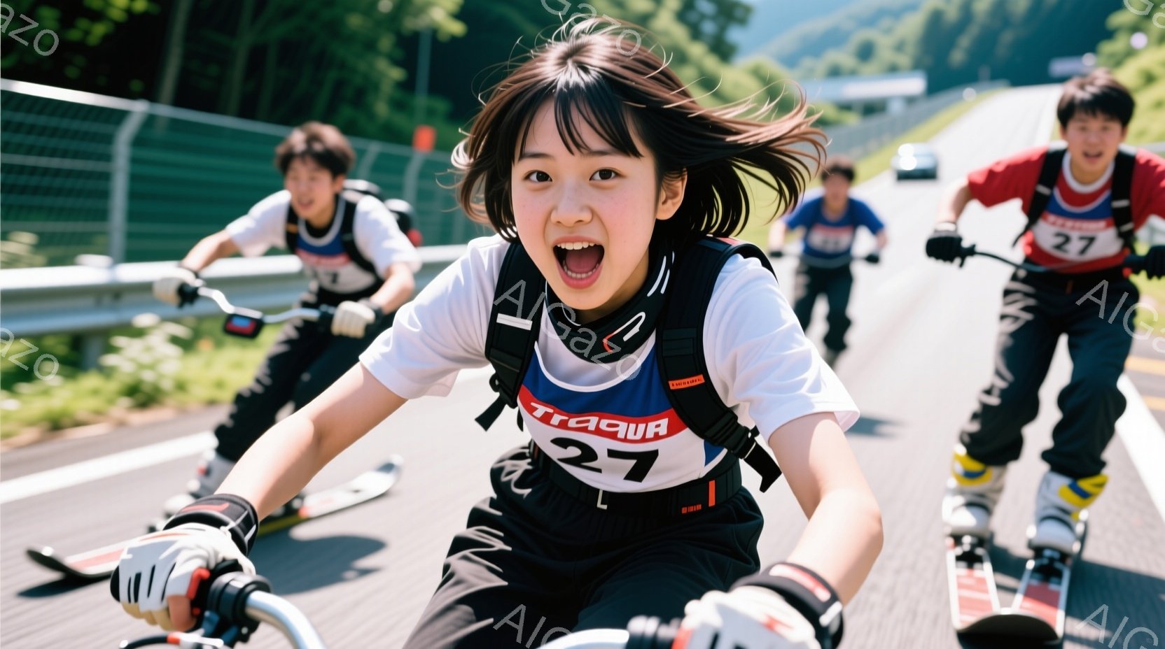 ローラーブレードに乗った若い女の子が写っています。彼女は白地に「27」と書かれた青と赤のビブスと、黒いズボン、そして少し乱れた髪型で、前を見据え、口を開けて楽しそうに叫んでいます。背景には、他のローラ - AI生成フリー素材