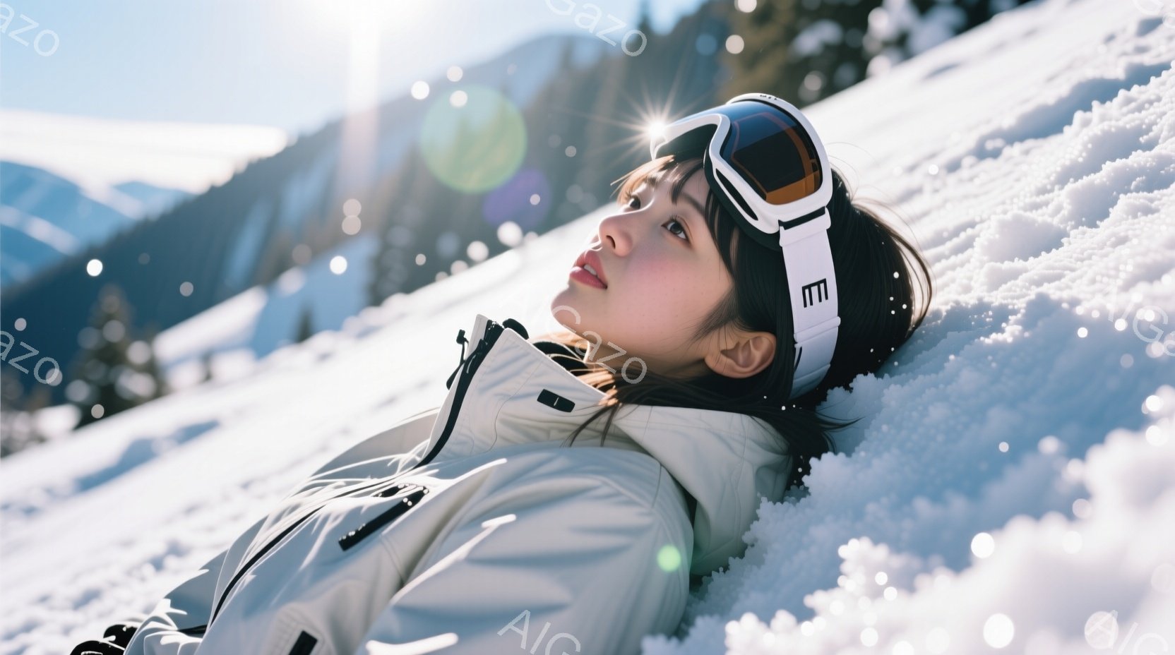 白いスキーウェアに黒いゴーグルを着用した女性が雪の上に仰向けになって横たわっています。彼女は長い黒髪で、少し微笑んだ表情をしています。背景には雪山と青空が広がり、晴天の下、冬の爽やかな雰囲気が漂ってい - AI生成フリー素材