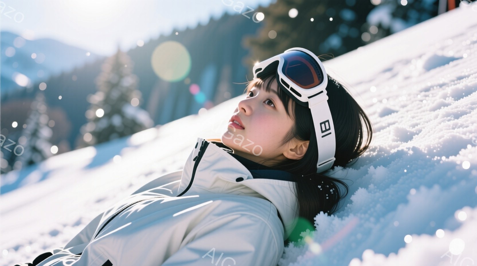 雪景色の中で、スキーゴーグルと白いスキーウェアを身に着けた女性が雪の上に横たわっています。彼女は黒髪で、少し微笑んでおり、リラックスした表情をしています。背景には雪をまとった山々が広がり、晴れた冬の日 - AI生成フリー素材