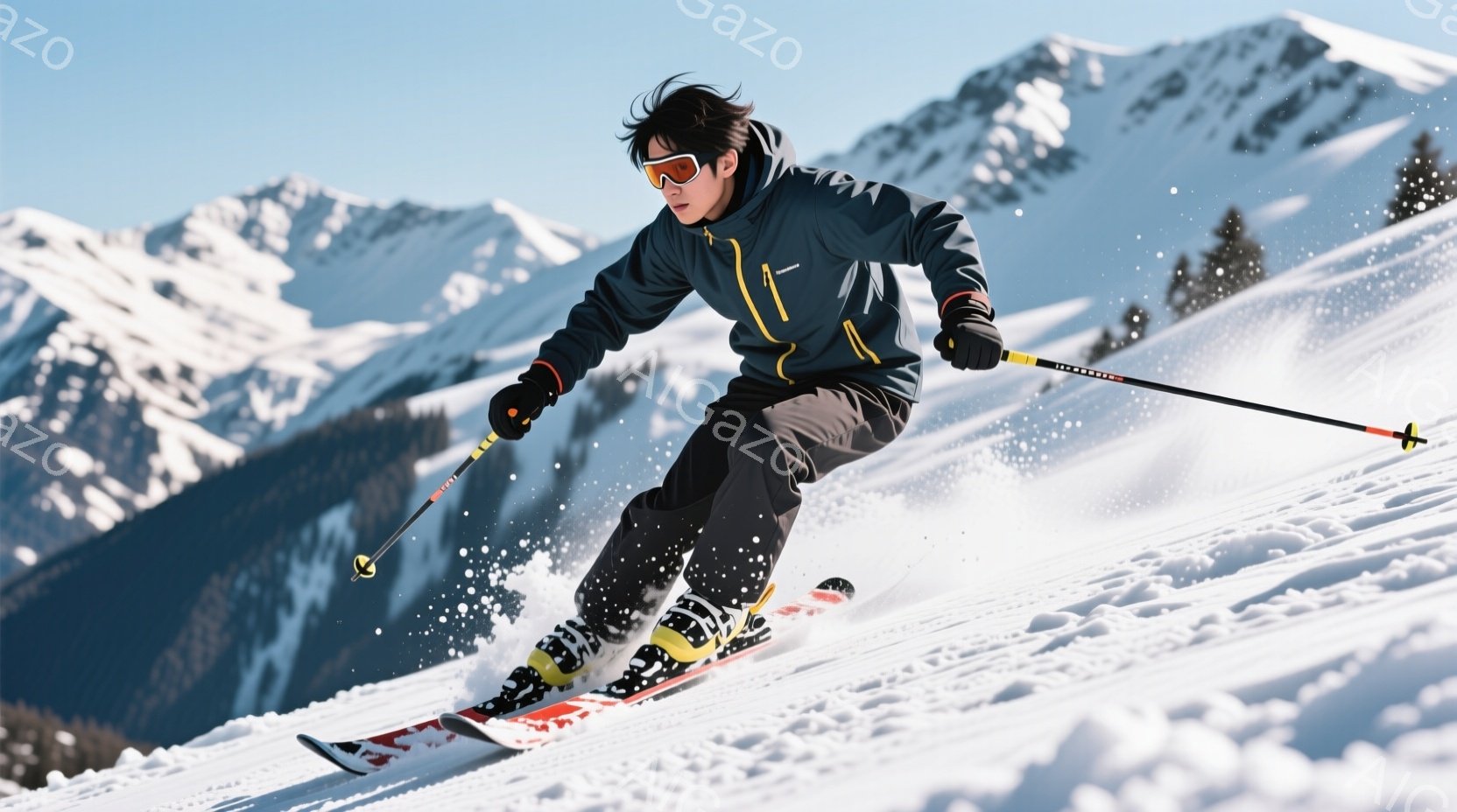 スキーヤーは、濃いグレーのスキーウェアに黒いヘルメットを着用し、黒髪をヘルメットの外に出しています。彼は斜面を高速で滑っており、膝を曲げたダイナミックな姿勢で雪煙を上げています。背景には雪を抱いた山々が広がり、晴天の下、冬の爽やかな雰囲気が漂っています。