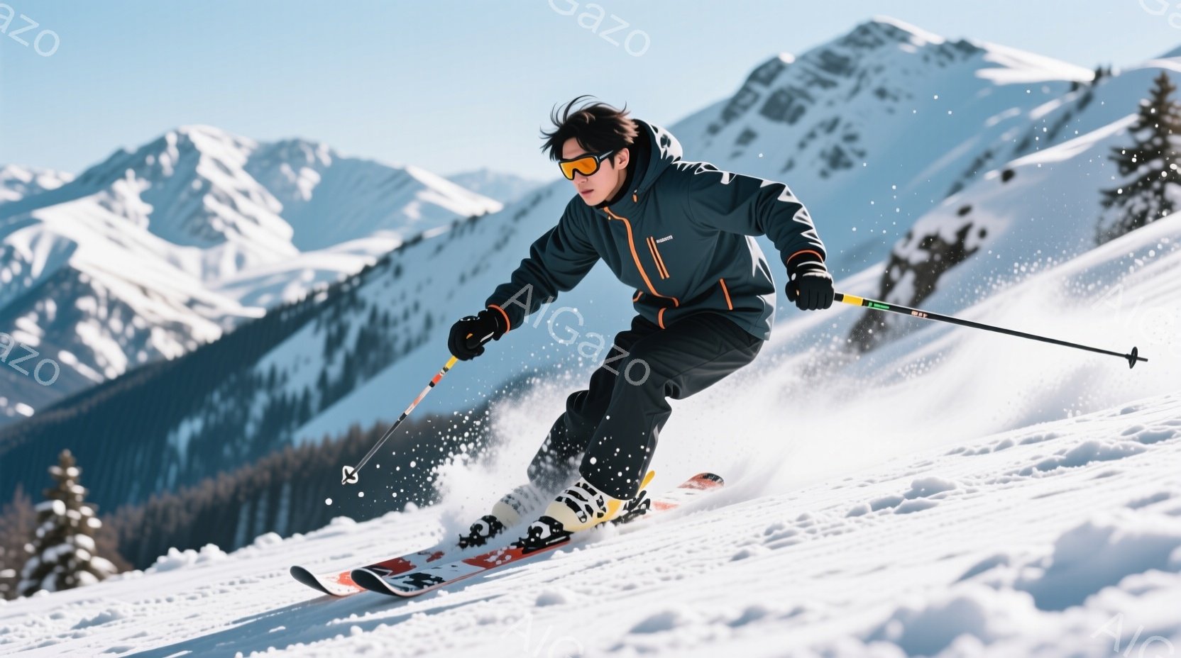 スキーヤーは黒とオレンジのスキーウェアに身を包み、ヘルメットとゴーグルを着用して雪上を疾走している。彼の姿勢は低く、バランスが取れており、滑降を楽しんでいる様子が伺える。背景には雪を頂いた山々が広がり - AI生成フリー素材