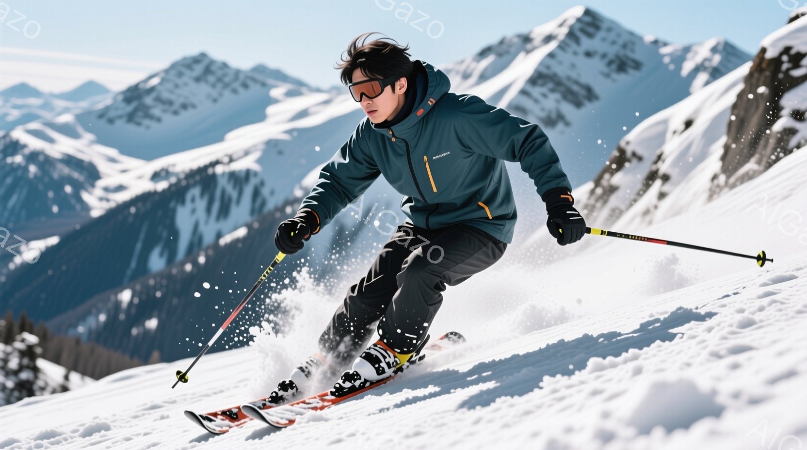 スキーヤーが雪山を滑走している写真です。彼は黒い髪でゴーグルを着用し、紺色とオレンジのスキーウェアに身を包んでいます。背景には雪を頂いた山々が広がり、晴天で雪煙が舞う、爽快感あふれる冬の景色が広がって - AI生成フリー素材