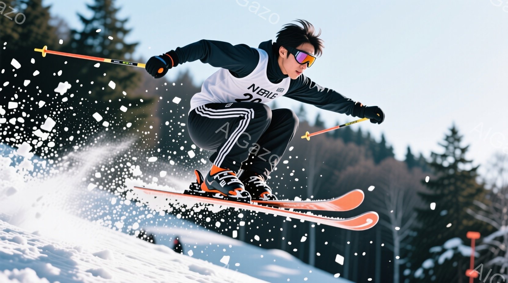 スキーヤーは、雪上を高く飛び跳ねている様子が捉えられています。黒のスキーウェアに白のラインが入り、頭にはヘルメット、顔にはゴーグルを着用しており、髪は短く整えられています。背景には雪に覆われた山々と、 - AI生成フリー素材