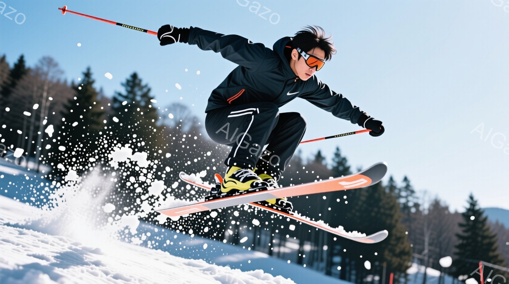 スキーヤーが空中でのジャンプを捉えられた瞬間を写した写真です。黒いスキーウェアに黄色のアクセントが入った服装で、ヘルメットとゴーグルを着用し、髪は短く整えられています。背景には雪で覆われた山々と針葉樹 - AI生成フリー素材