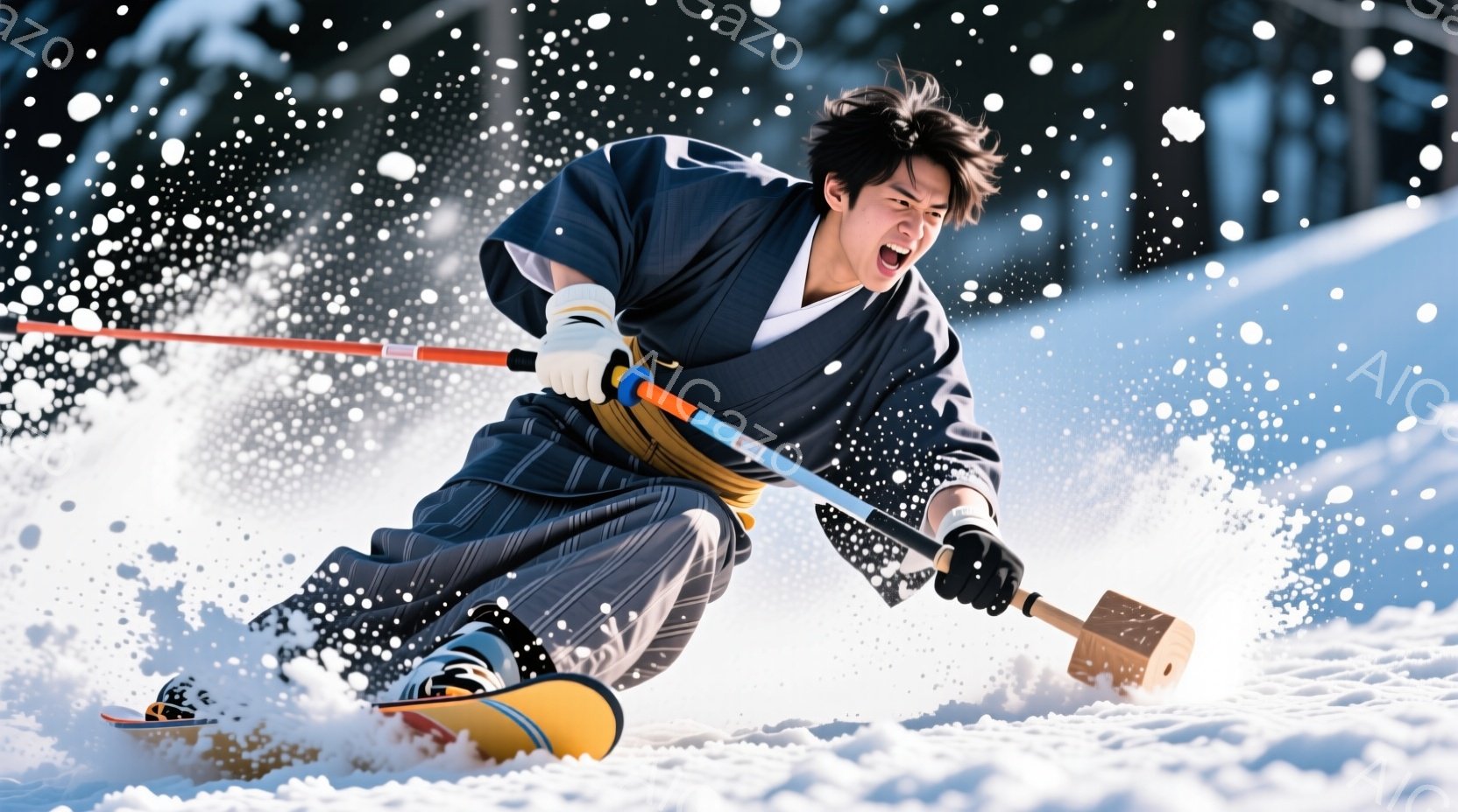 雪の上をスキーで疾走する男性が写っている。彼は時代劇風の着物と袴を身につけ、黒髪を無造作に後ろに撫でている。表情は真剣で、勢いよく滑る姿からスピード感と躍動感が伝わってくる。