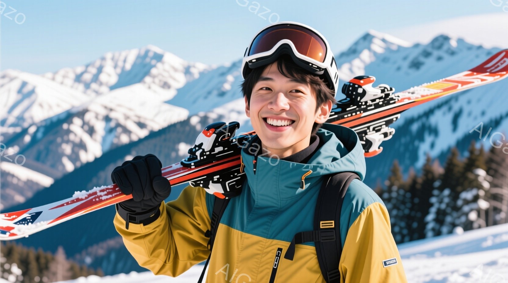 スキーヤーの男性が、雪山を背景に笑顔でカメラを見ている。彼は黄土色とターコイズブルーのスキーウェア、黒いゴーグル、そして肩にかかるスキー板を身につけている。背景には雪を頂いた山々と白い雪景色が広がり、 - AI生成フリー素材