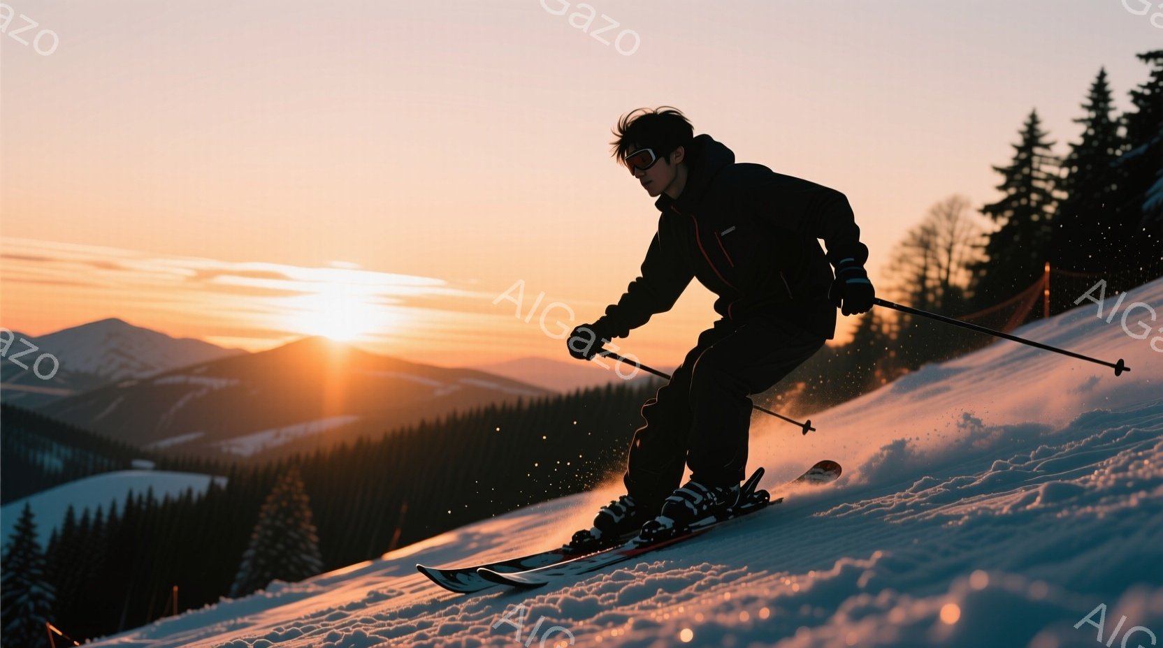 スキーヤーが雪山を滑走している様子が捉えられています。黒いスキーウェアとサングラスを着用し、やや前傾姿勢でスピードに乗っています。背景には雪に覆われた山々と、夕焼けのようなオレンジ色の空が広がり、躍動 - AI生成フリー素材