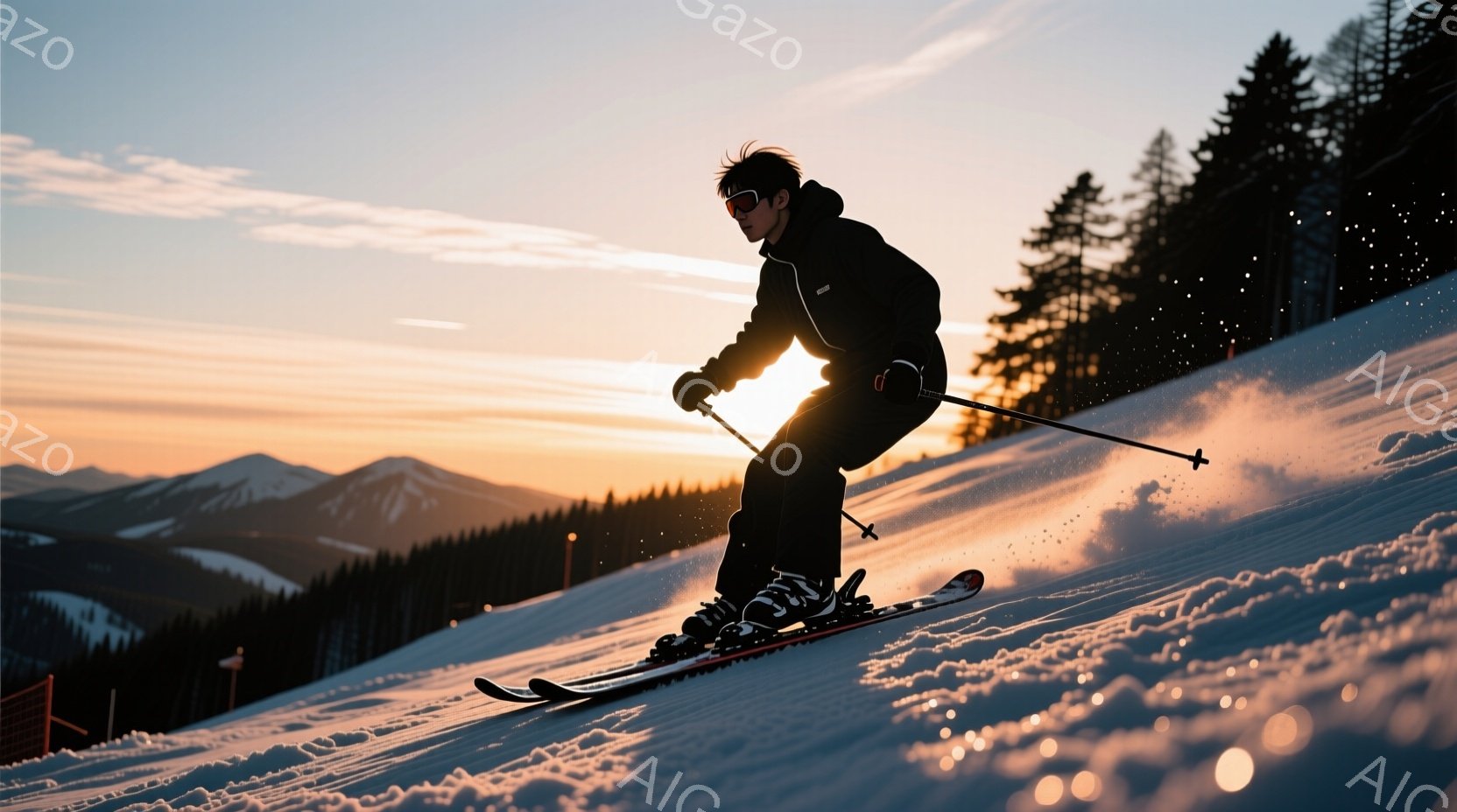スキーヤーは黒のスキーウェアと黒い髪で、スピードに乗って雪上を滑走している。夕焼けのオレンジ色と雪の白さが対照的で、ダイナミックな動きと雪煙が印象的だ。背景には雪を頂いた山々と森林が見え、冬の澄んだ空 - AI生成フリー素材