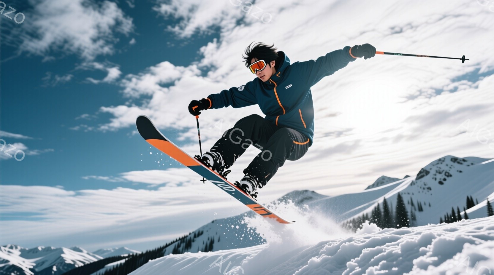 スキーヤーが雪上をジャンプしている瞬間を捉えた写真です。彼は黒いスキーウェアにオレンジ色のアクセント、ゴーグルを装着し、髪は少し長めのスタイルです。背景には雪をまとった山々が広がり、晴天の下で雪が舞う - AI生成フリー素材