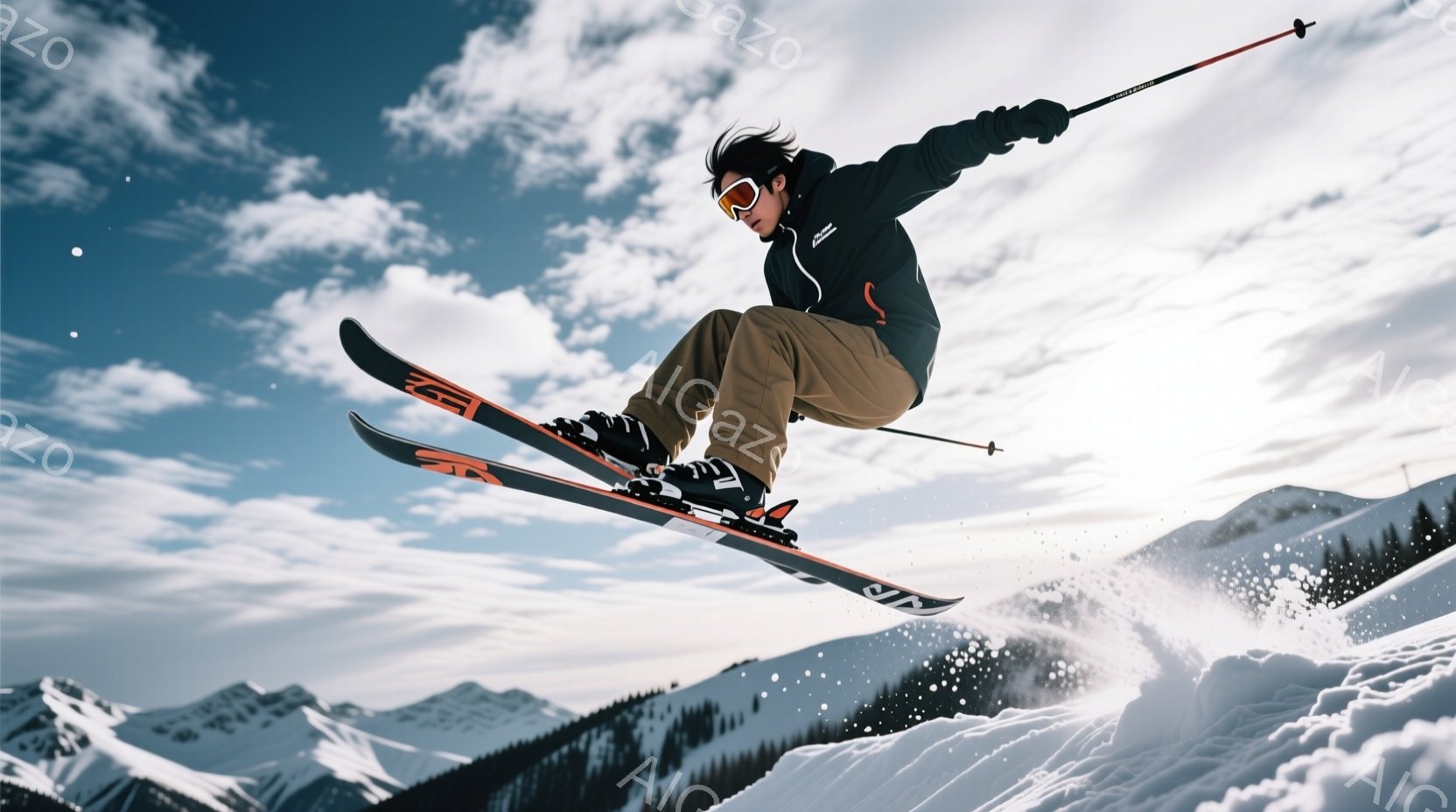 濃い青色のスキーウェアに、鮮やかな色のスキー靴とストックを持った男性が、雪山を滑走している。彼は黒髪で、ゴーグルをかけており、集中した表情で滑っている様子が伺える。背景には、雪に覆われた山々と白い空が - AI生成フリー素材
