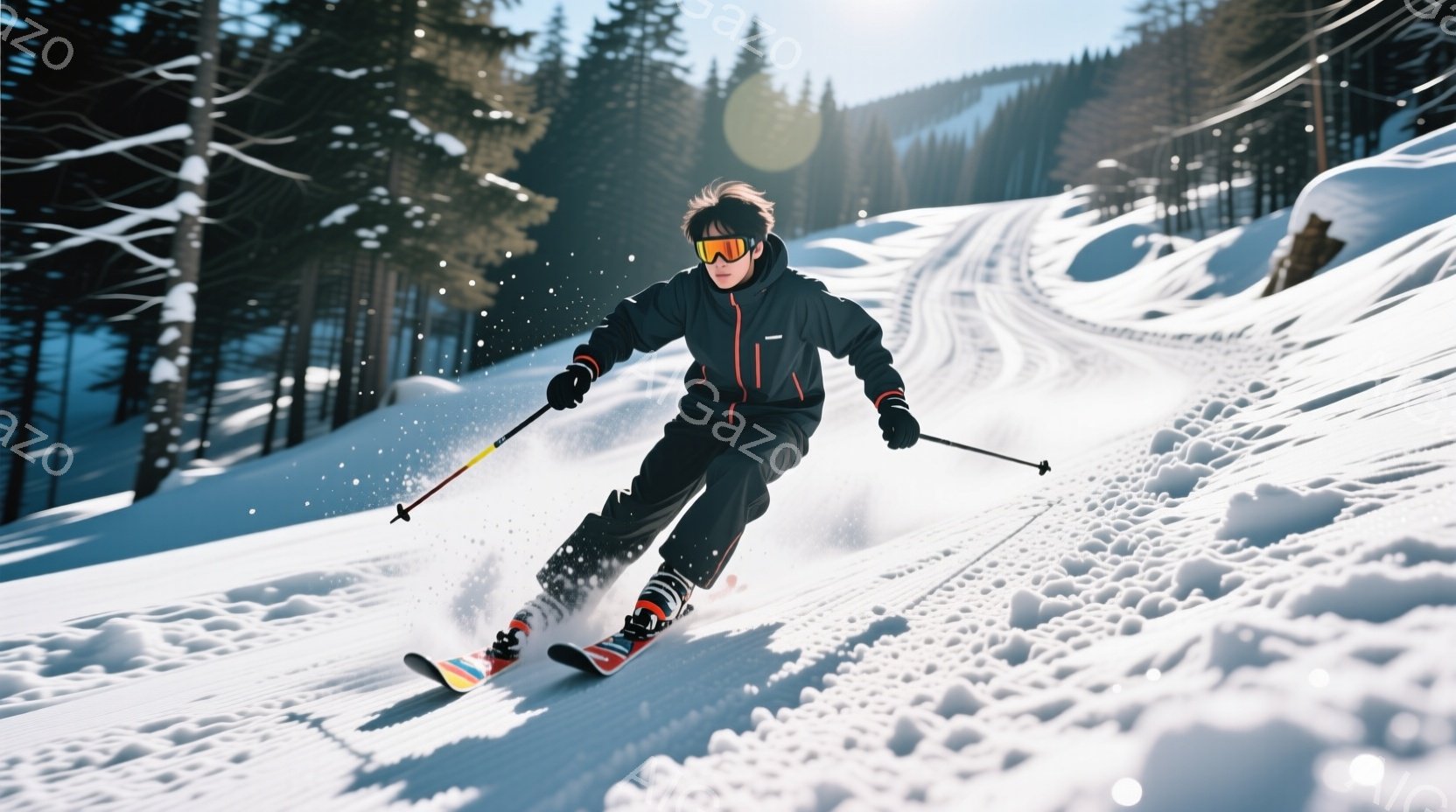 スキーヤーは黒と赤のスキーウェアに、白いゴーグルと帽子を着用し、急な雪上斜面をダイナミックに滑走しています。彼は前傾姿勢で、スキーポールを巧みに操り、雪煙を上げてスピード感あふれる滑りをしています。背景には針葉樹林が広がり、晴天の空と白い雪がコントラストを描き、爽快で冬の雰囲気を醸し出しています。