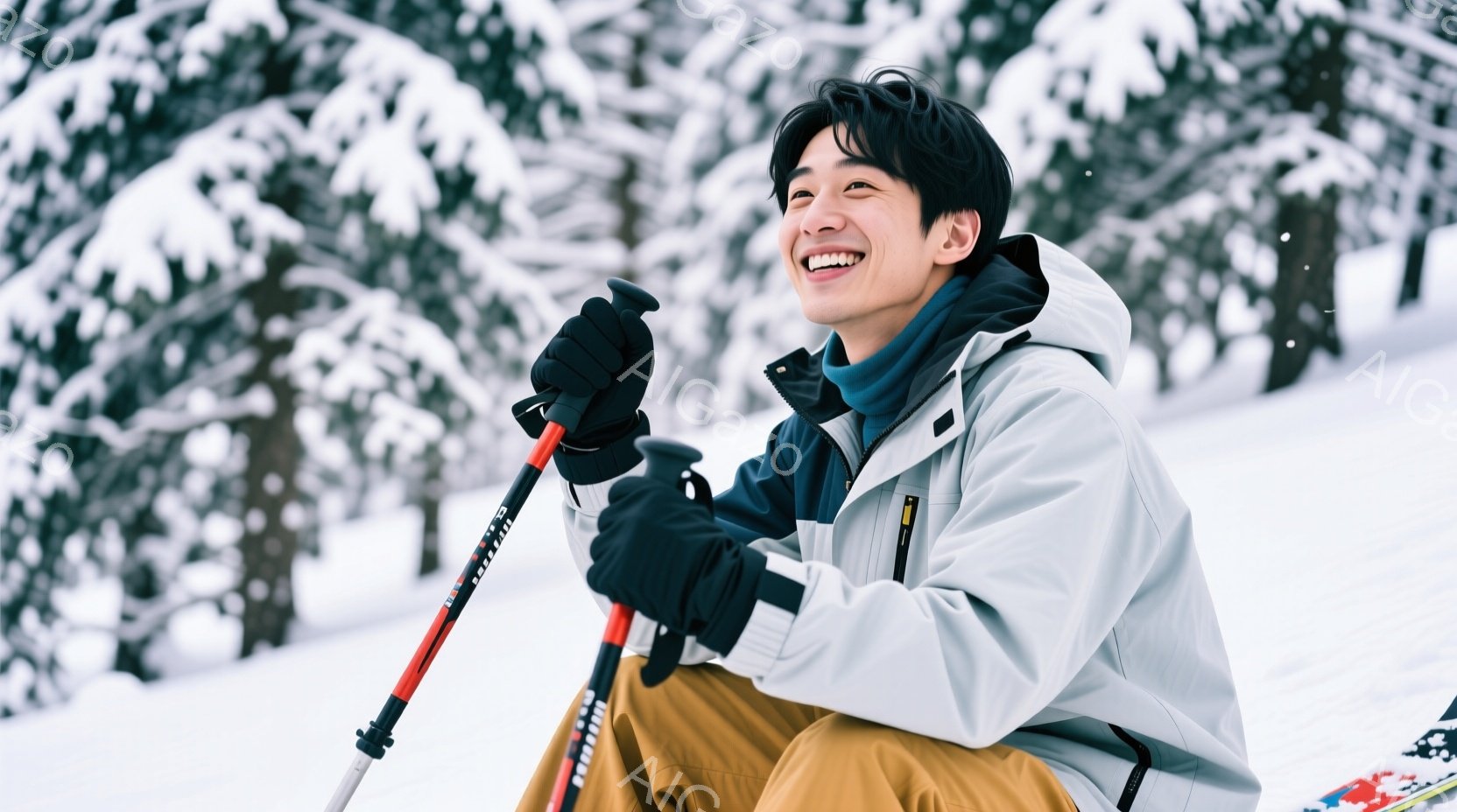 雪景色の中で、若い男性が笑顔でスキーポールを握っています。彼はグレーのスキーウェアにネイビーのネックウォーマーを着用し、短髪で明るい表情をしています。背景には雪をまとった木々が広がり、晴れた冬の日を象徴する穏やかな雰囲気です。