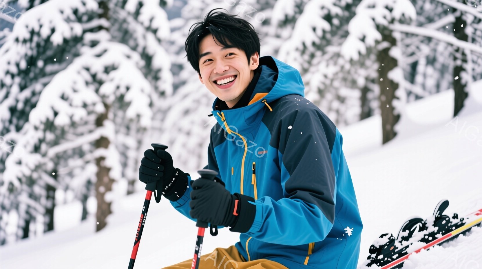 雪山を背景に、笑顔の男性が写っている。青と黒のスキーウェアに、茶色のズボンを着用し、黒い手袋とゴーグルを付けている。彼はスキーポールを握り、わずかに前かがみの姿勢で座っており、雪景色の中でリラックスし - AI生成フリー素材