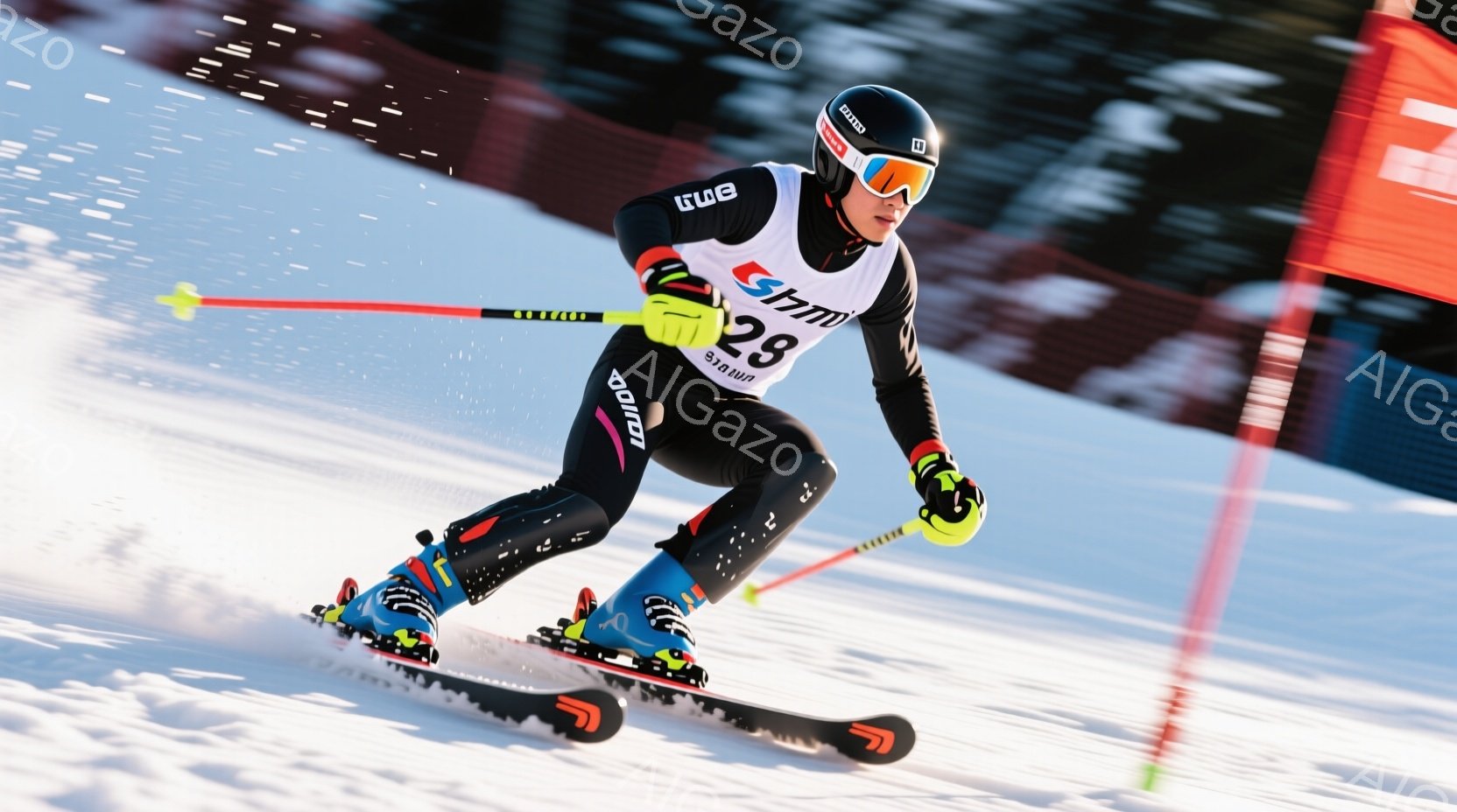 スキーヤーが急斜面を滑走している様子が写っている。彼は黒いヘルメットとゴーグルを装着し、青と黒のスキースーツ、そして鮮やかな青いスキーブーツを履いている。背景には雪景色が広がり、コースを示す旗やポールが設置されており、スピード感あふれる冬の競技の雰囲気が伝わってくる。