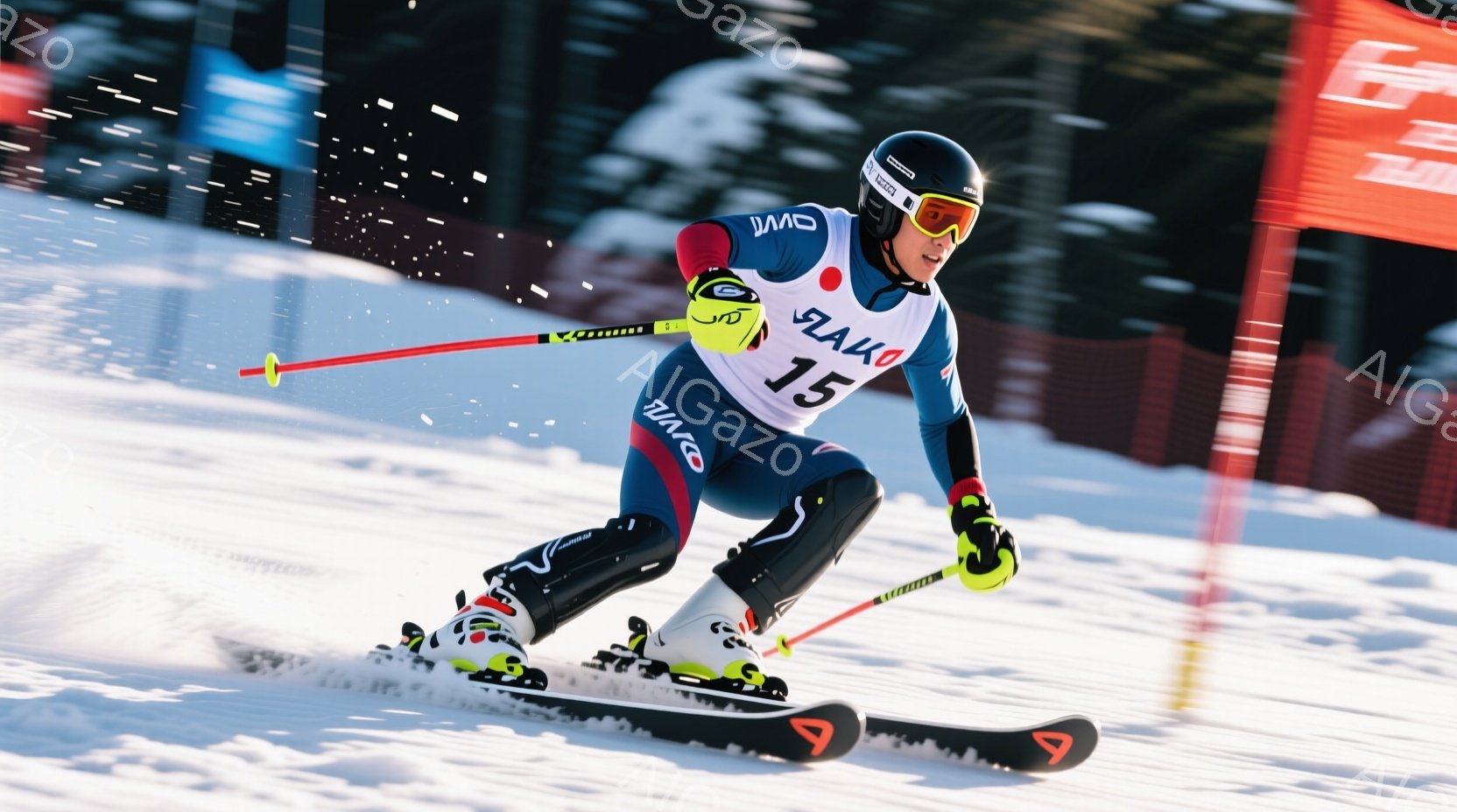 スキーヤーは青と赤のレーシングスーツを着用し、ヘルメットとゴーグルを装備して急斜面を滑走している。選手は膝を曲げ、前傾姿勢でスピードに乗っており、左右のスキーでバランスを取りながら雪面を捉えている。背景には雪景色が広がり、ぼやけた白い木々や山々が確認でき、冬のスキー場の活気ある雰囲気が伝わる。