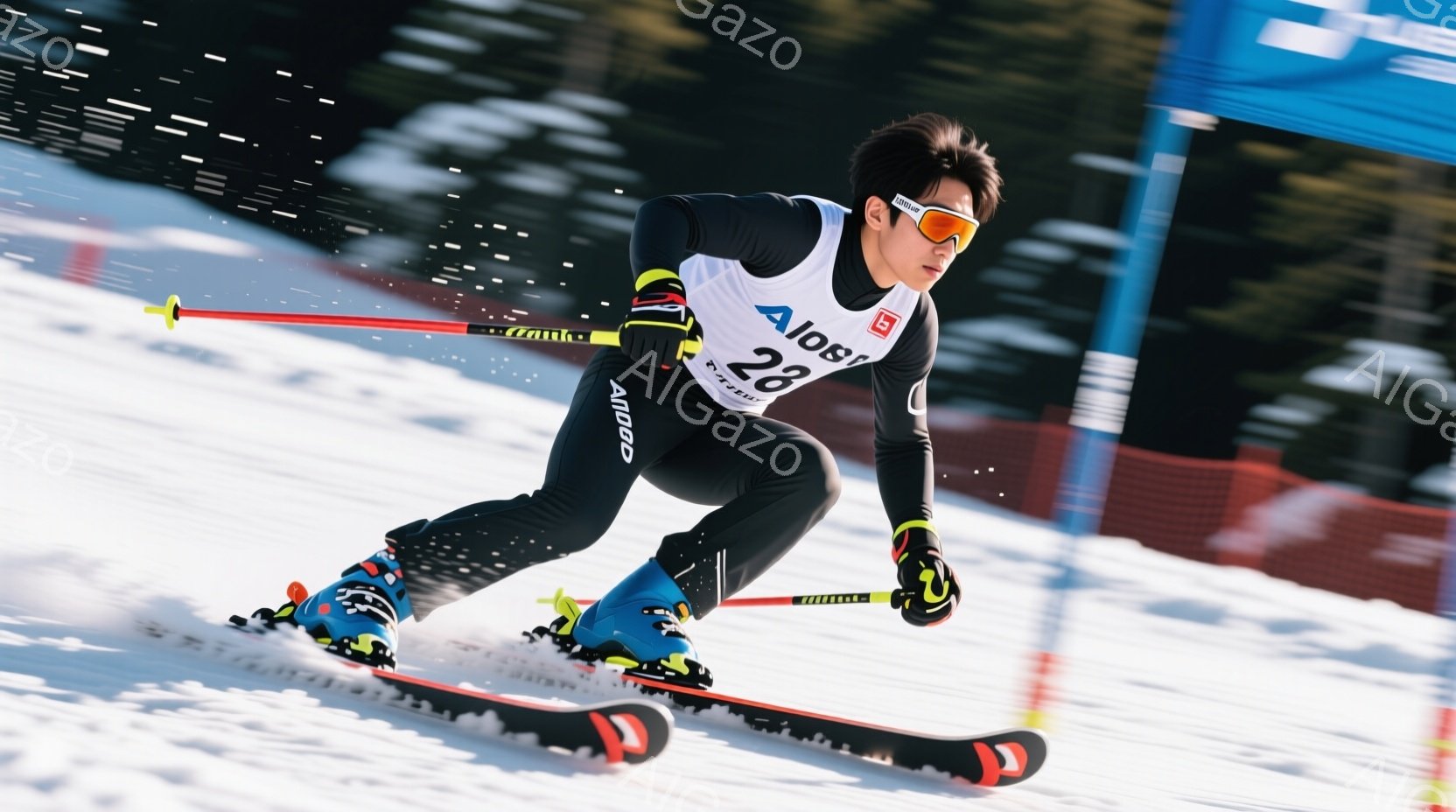 スキーヤーが急斜面を滑走している写真です。黒いスキーウェアにヘルメット、ゴーグルを着用し、集中した表情で前を見据えています。背景には雪景色が広がり、コースを示す赤い柵と白い雪がコントラストをなしていま - AI生成フリー素材